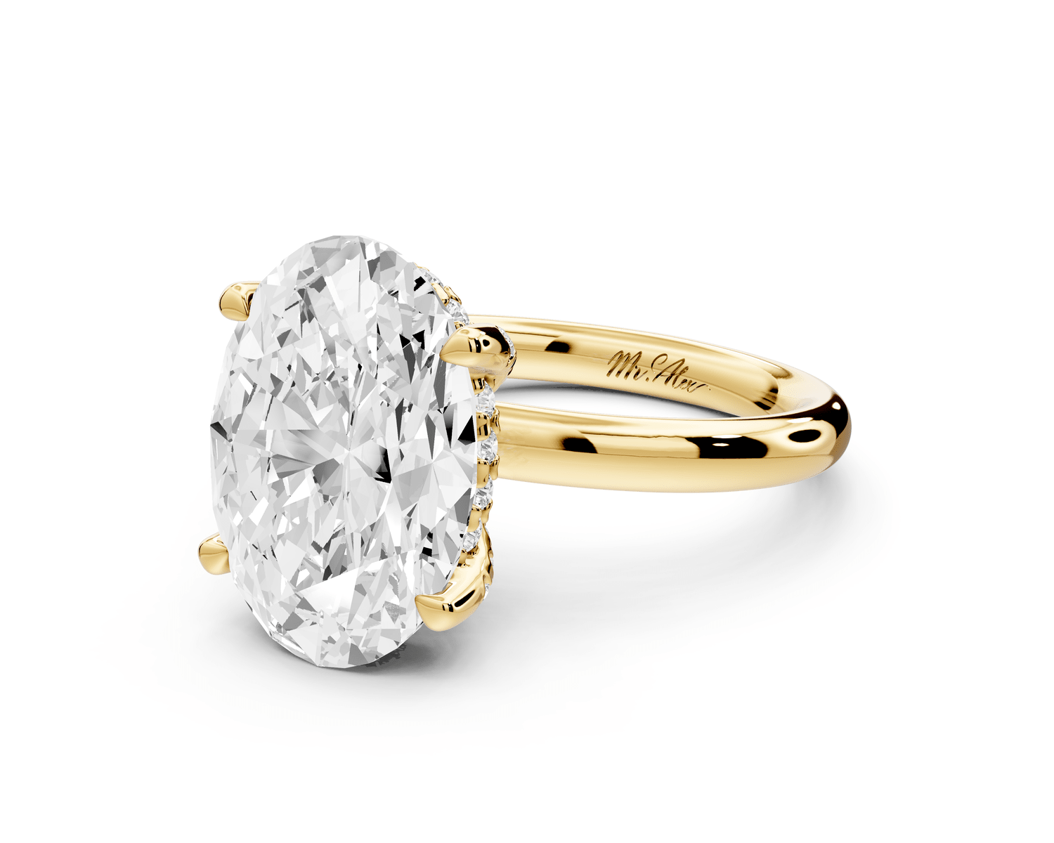 Shira - 3ct 18k yellow gold oval diamond with hidden halo and diamond crown talon prong solitaire engagment ring - Mr. Alex Jewelry