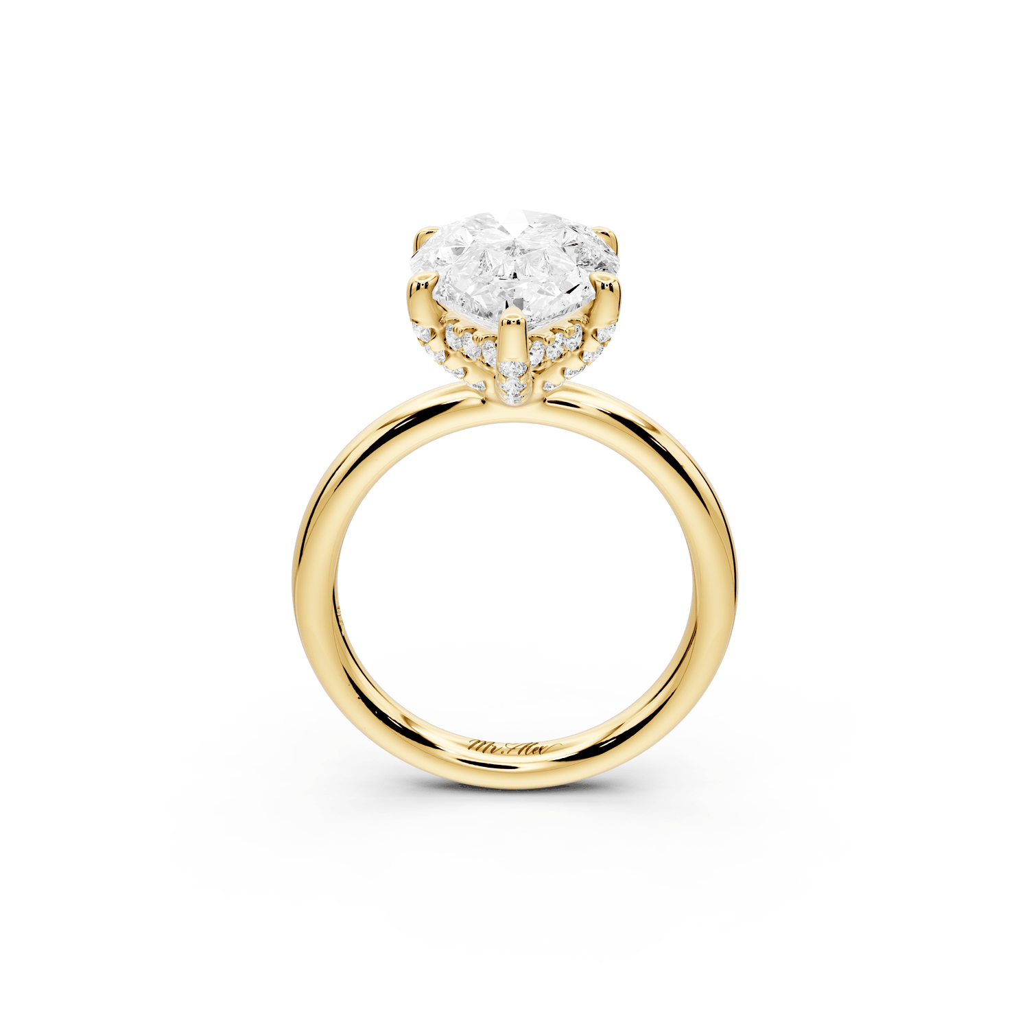 Shira - 3ct 18k yellow gold pear diamond with hidden halo and diamond crown talon prong solitaire engagment ring - Mr. Alex Jewelry