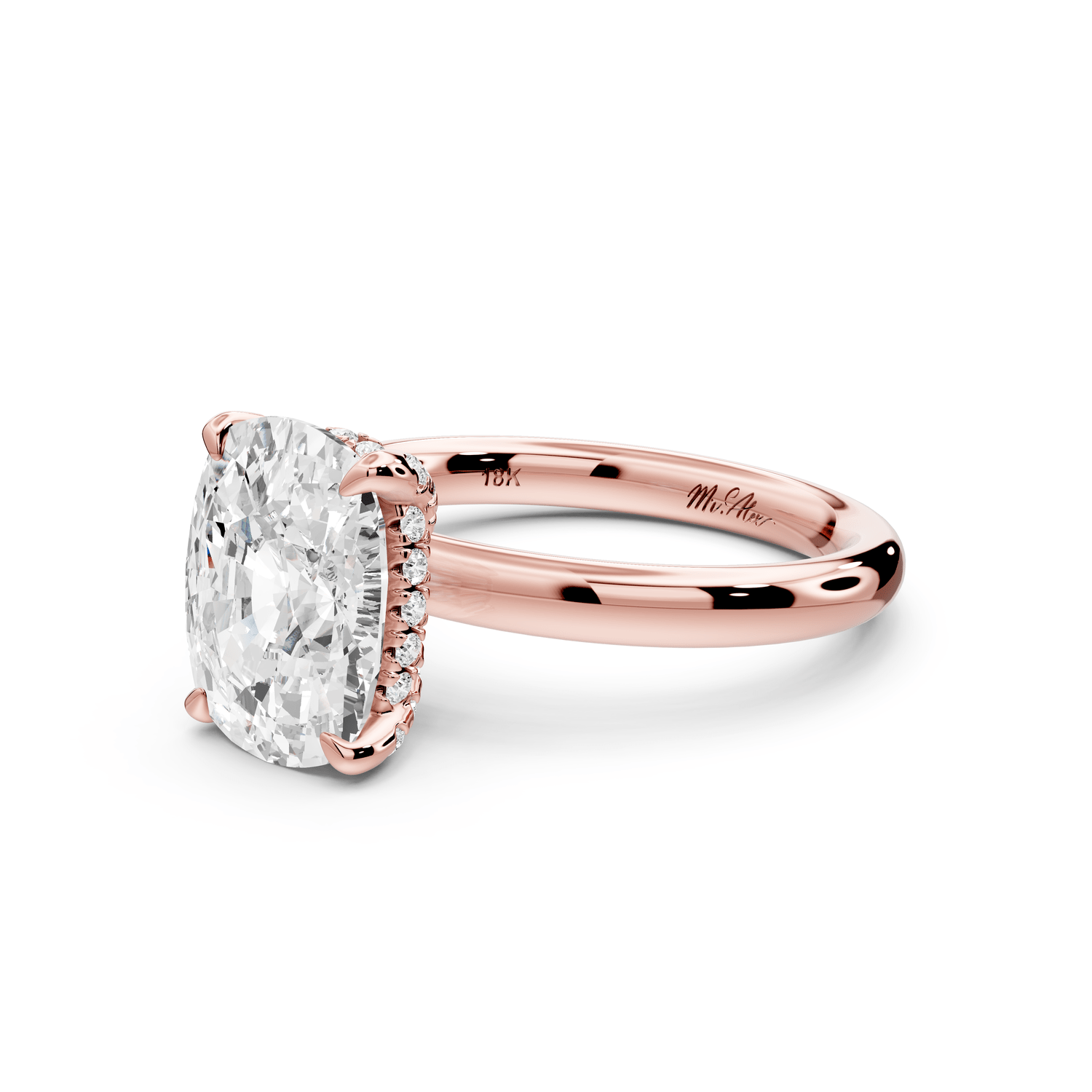 Shira - 4ct 14k rose gold ecushion diamond with hidden halo and diamond crown talon prong solitaire engagement ring - Mr. Alex Jewelry
