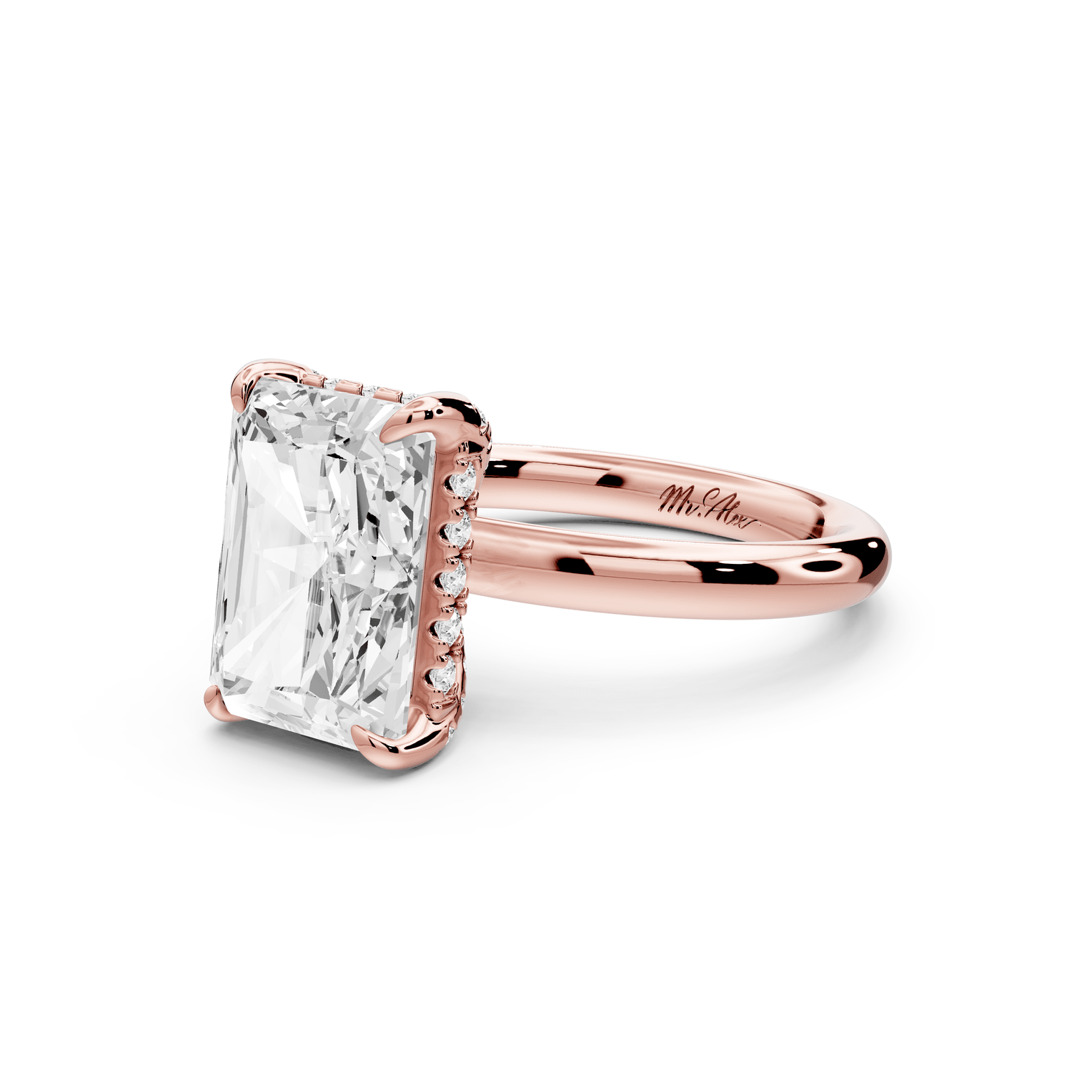 Shira - 4ct 14k rose gold radiant diamond with hidden halo and diamond crown talon prong solitaire engagement ring - Mr. Alex Jewelry