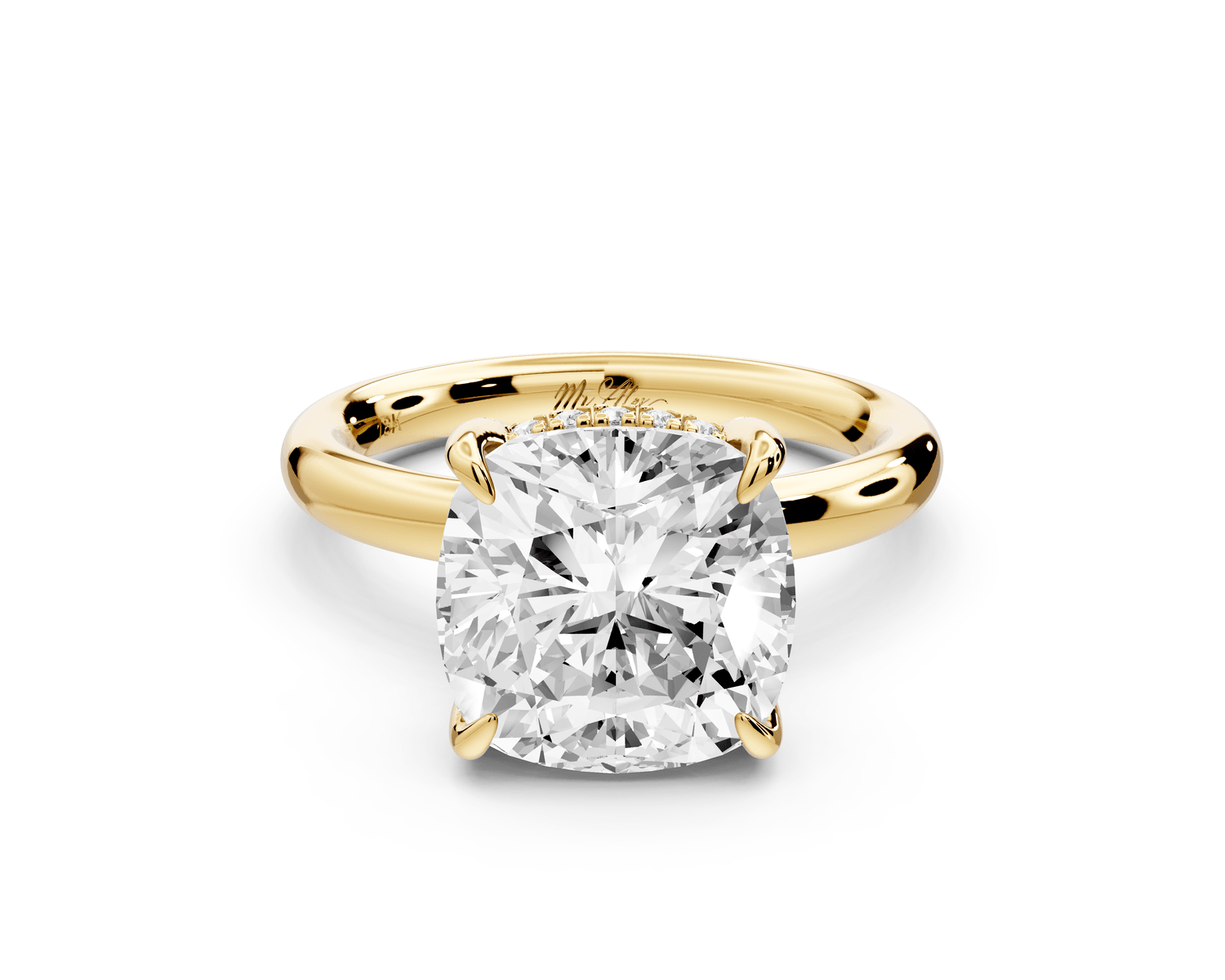 Shira - 4ct 14k yellow gold cushion diamond with hidden halo and diamond crown talon prong solitaire engagement ring - Mr. Alex Jewelry