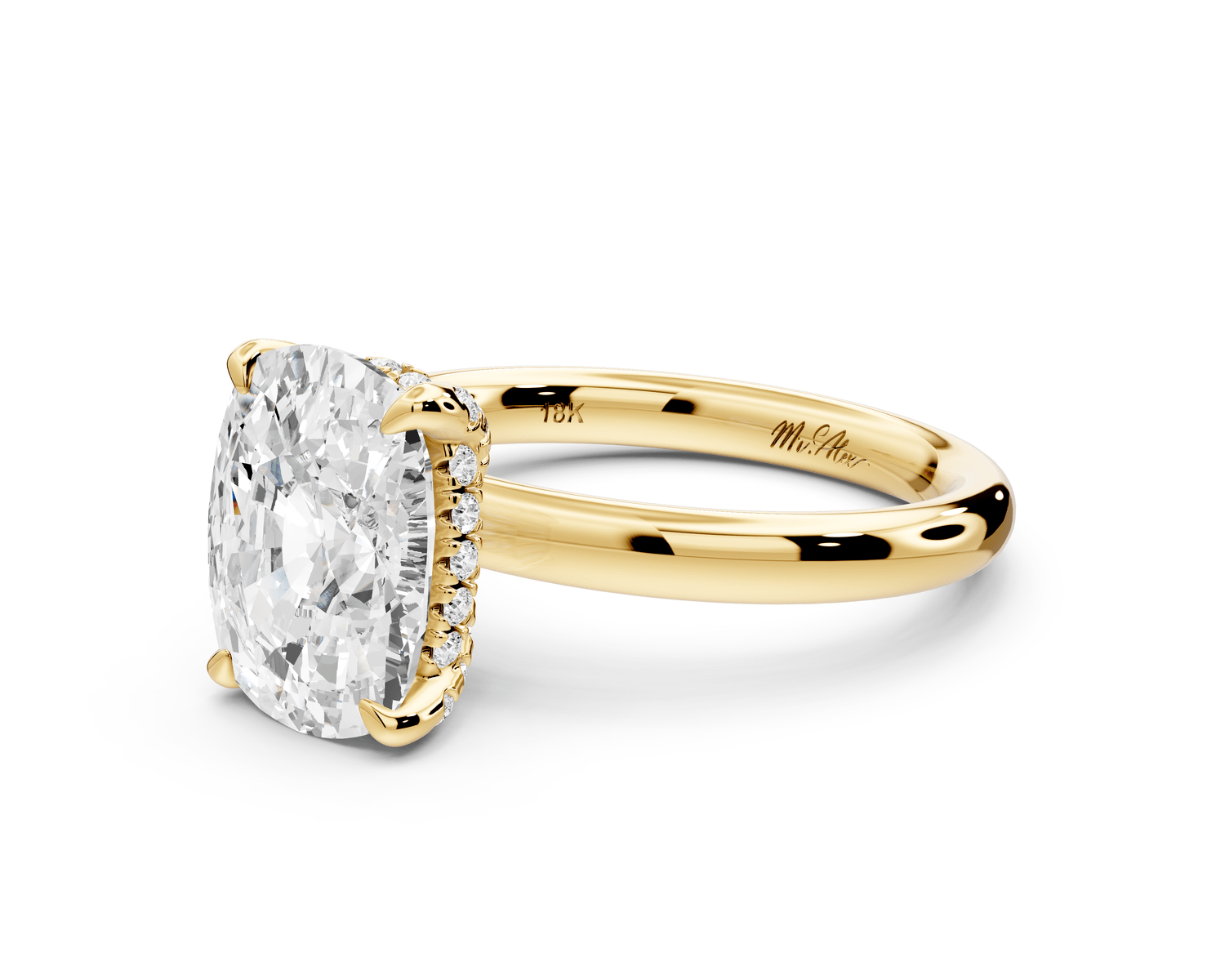 Shira - 4ct 14k yellow gold ecushion diamond with hidden halo and diamond crown talon prong solitaire engagement ring - Mr. Alex Jewelry