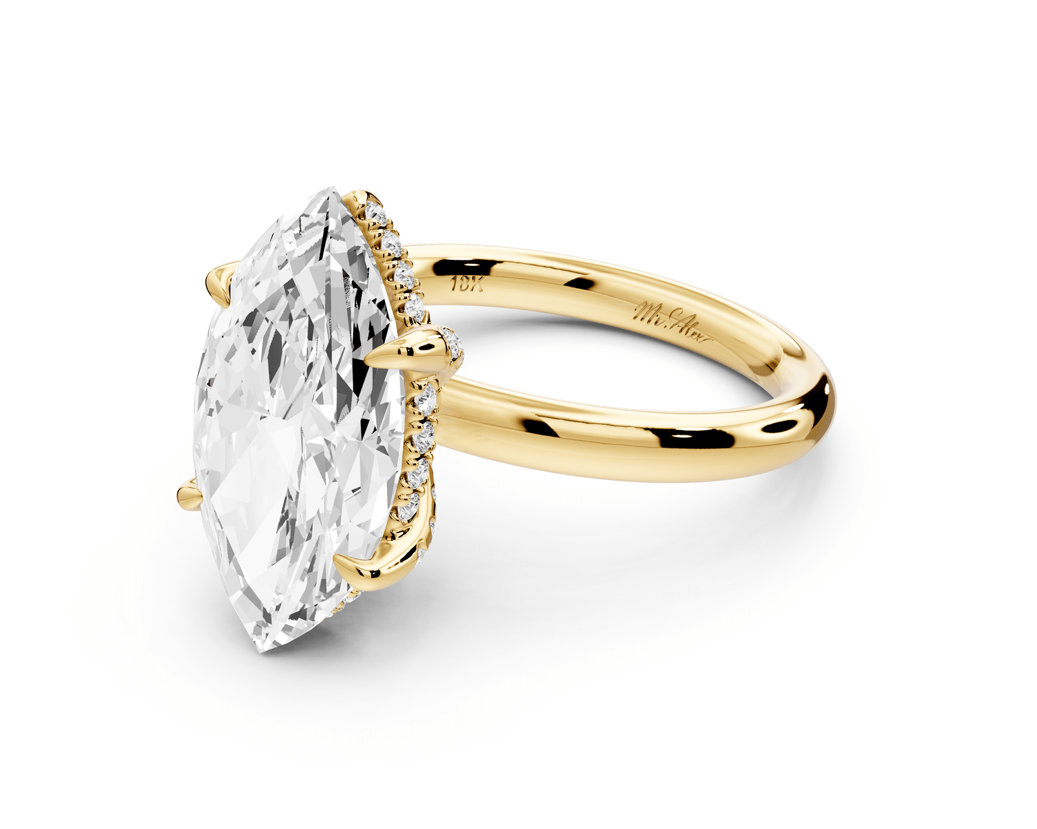 Shira - 4ct 14k yellow gold marquise diamond with hidden halo and diamond crown talon prong solitaire engagement ring - Mr. Alex Jewelry