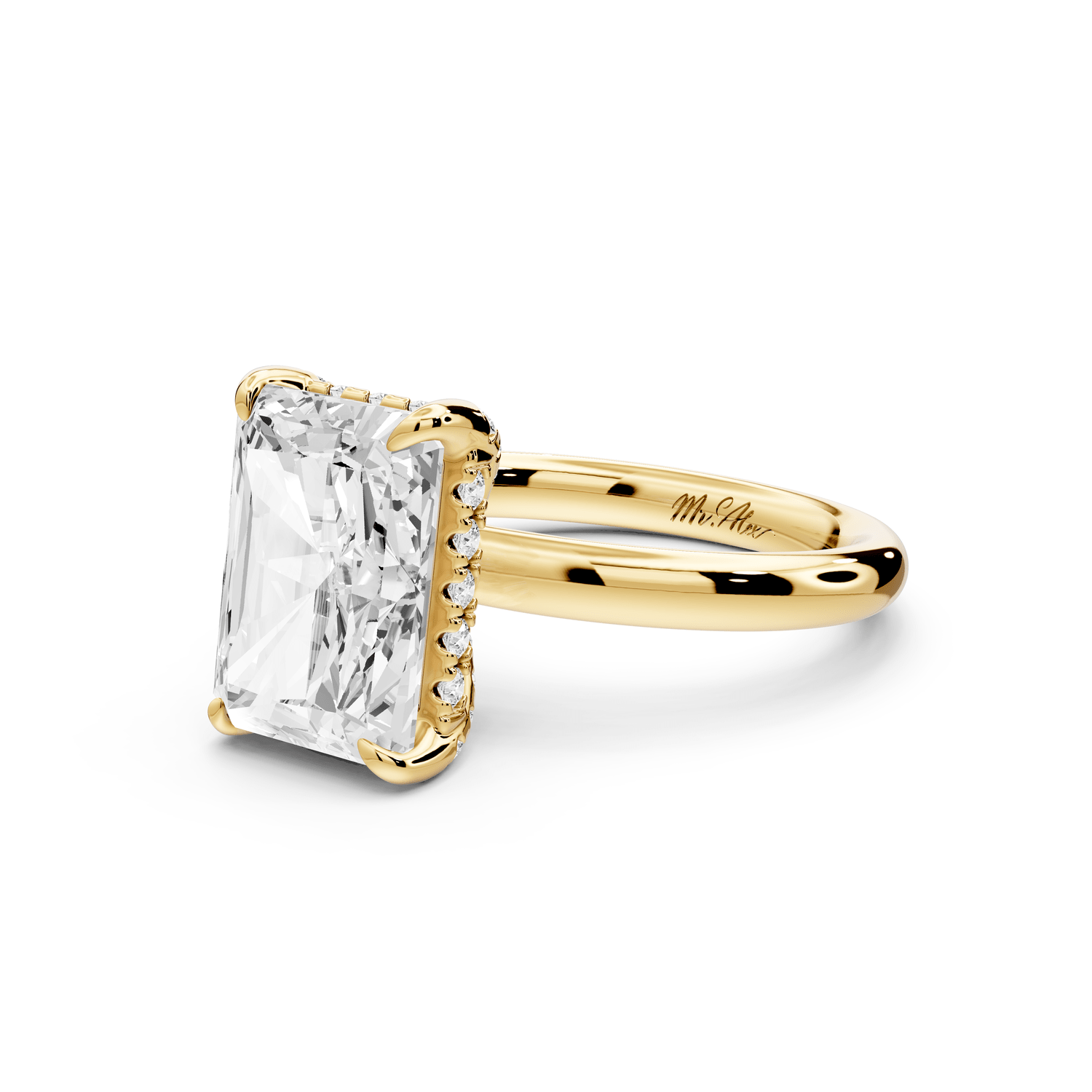 Shira - 4ct 14k yellow gold radiant diamond with hidden halo and diamond crown talon prong solitaire engagement ring - Mr. Alex Jewelry