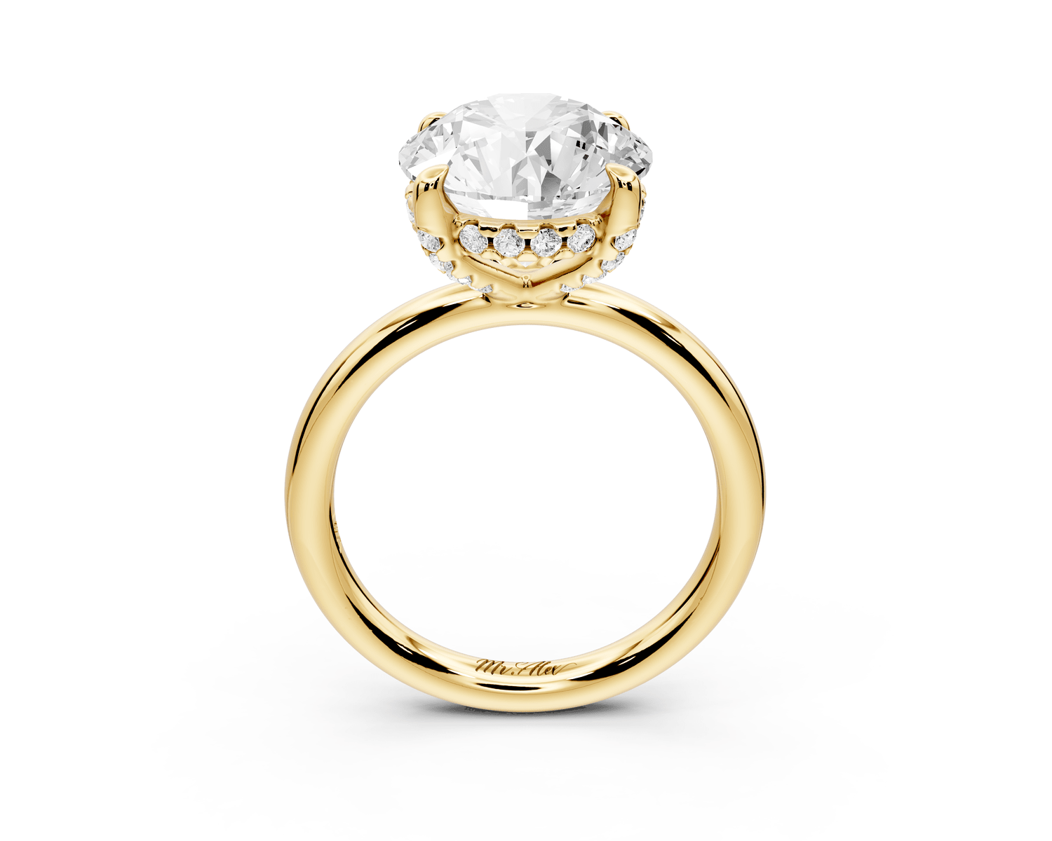 Shira - 4ct 14k yellow gold round diamond with hidden halo and diamond crown talon prong solitaire engagment ring - Mr. Alex Jewelry