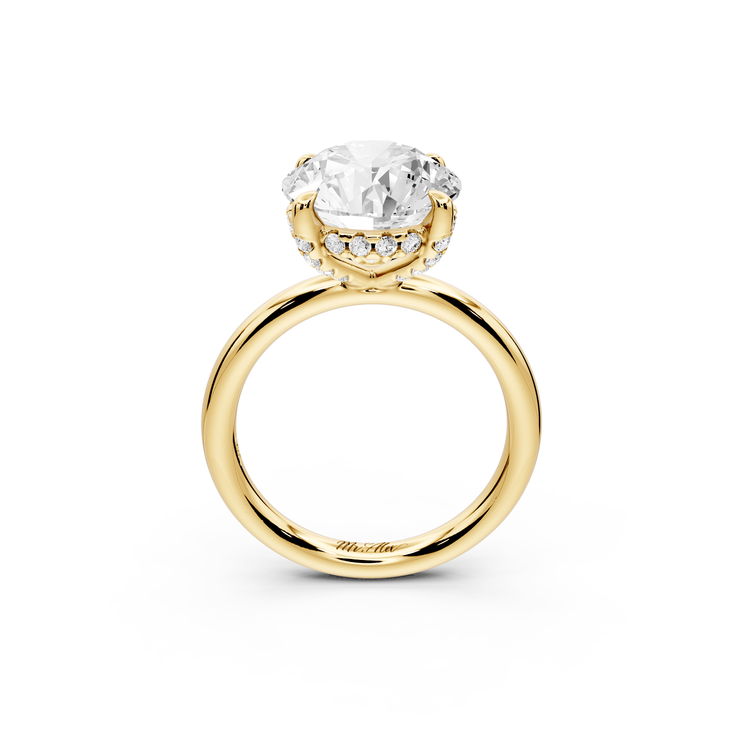 Shira - 4ct 14k yellow gold round diamond with hidden halo and diamond crown talon prong solitaire engagment ring - Mr. Alex Jewelry