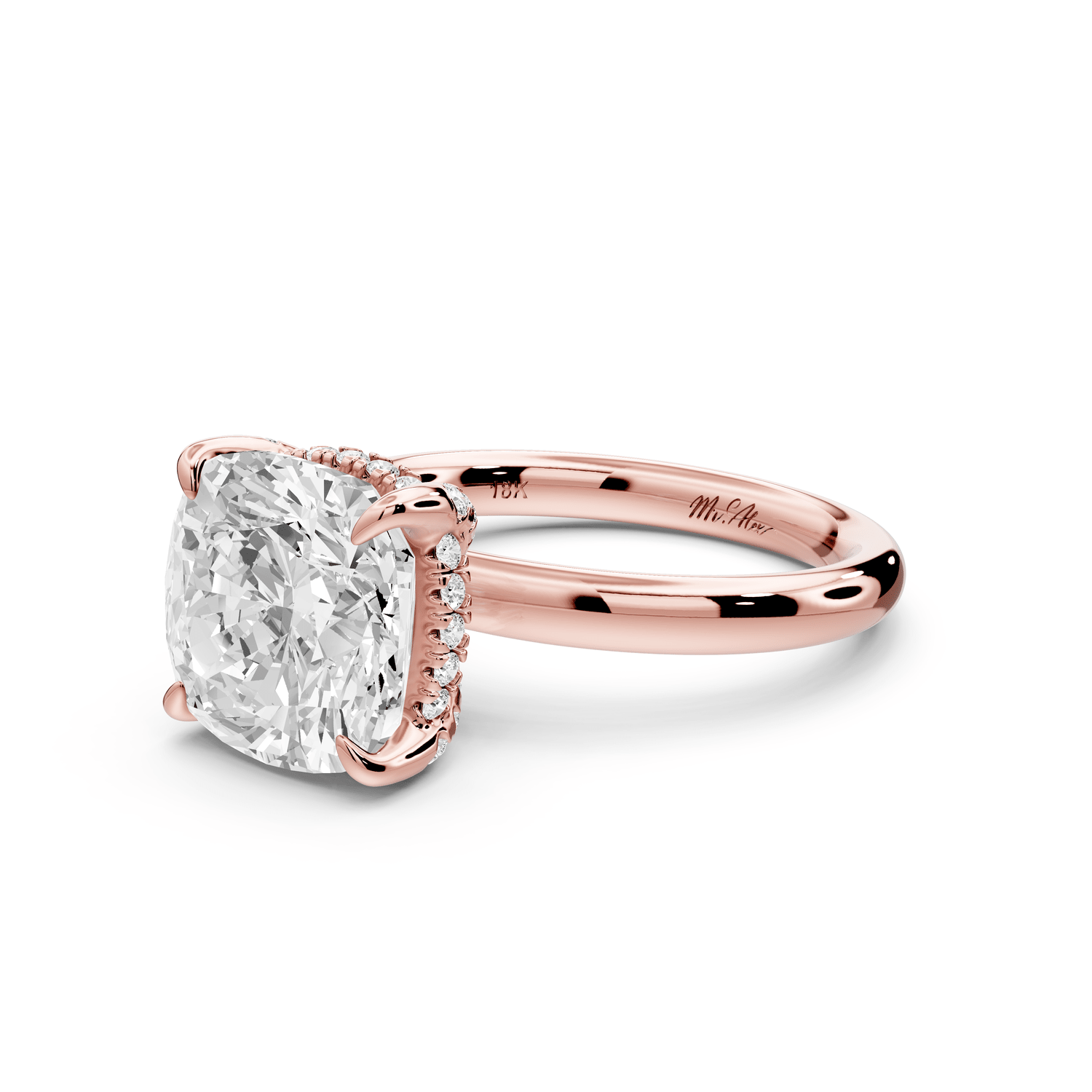 Shira - 4ct 18k rose gold cushion diamond with hidden halo and diamond crown talon prong solitaire engagement ring - Mr. Alex Jewelry