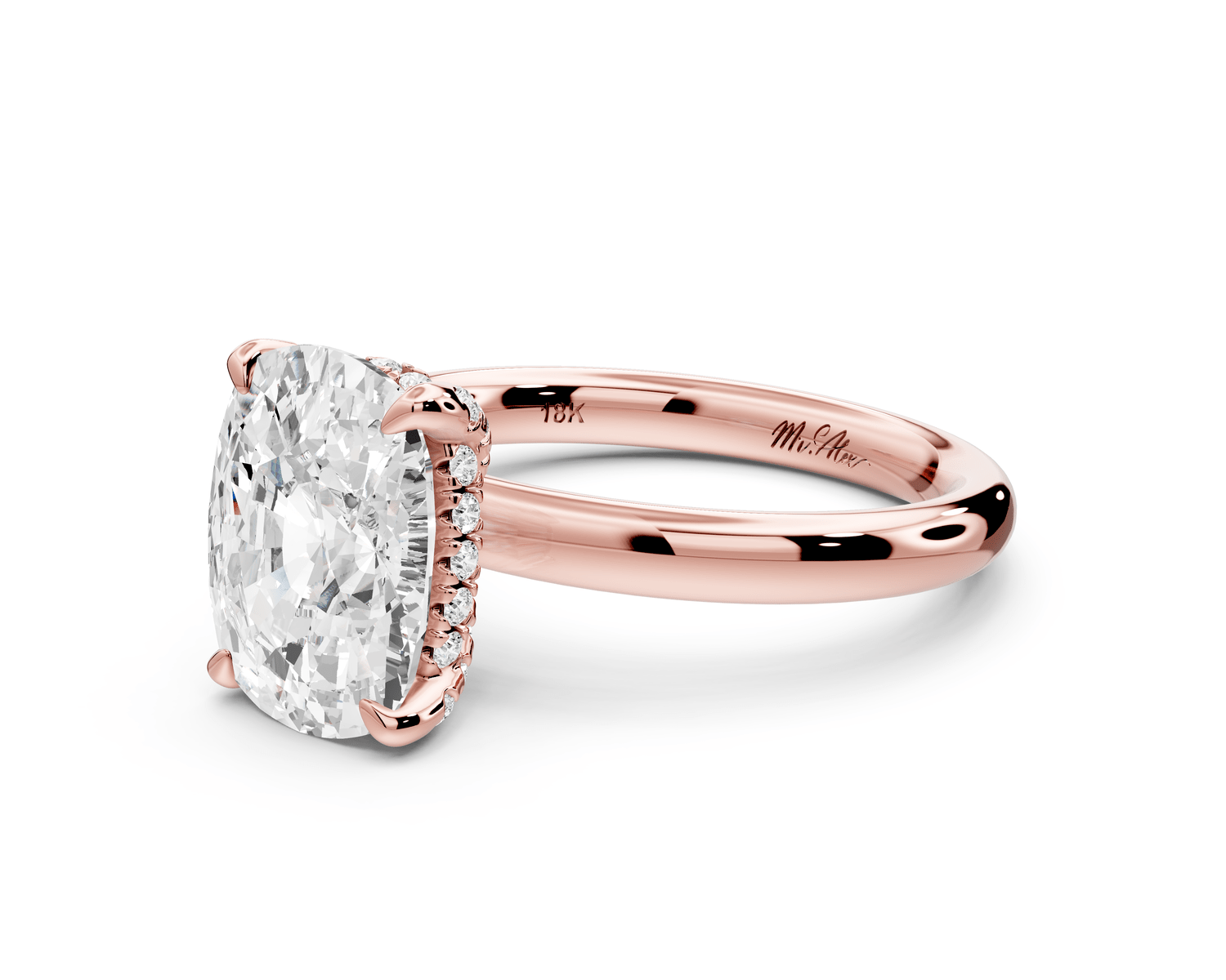Shira - 4ct 18k rose gold ecushion diamond with hidden halo and diamond crown talon prong solitaire engagement ring - Mr. Alex Jewelry