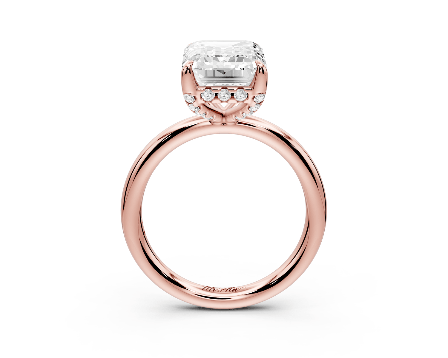 Shira - 4ct 18k rose gold emerald diamond with hidden halo and diamond crown talon prong solitaire engagment ring - Mr. Alex Jewelry
