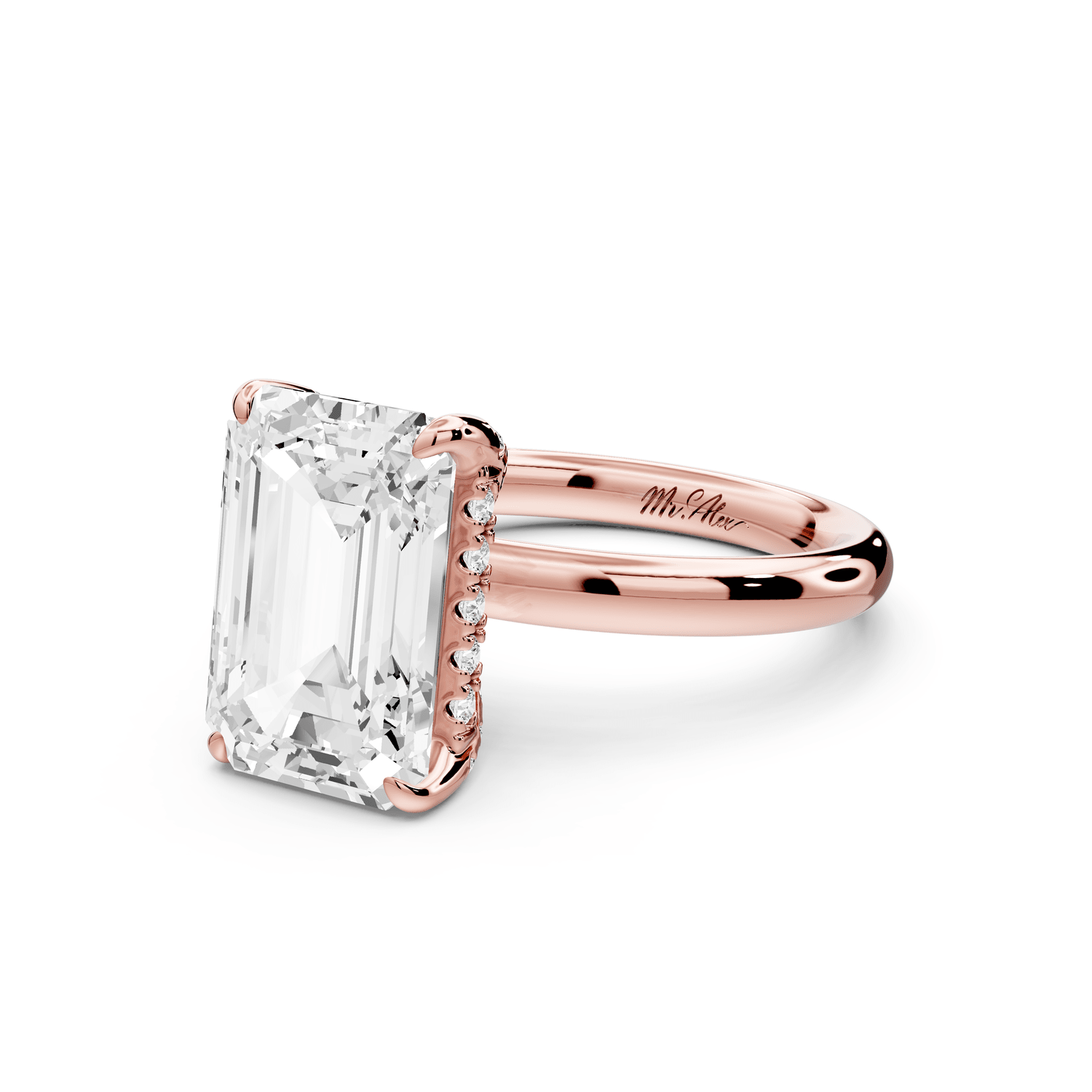 Shira - 4ct 18k rose gold emerald diamond with hidden halo and diamond crown talon prong solitaire engagment ring - Mr. Alex Jewelry