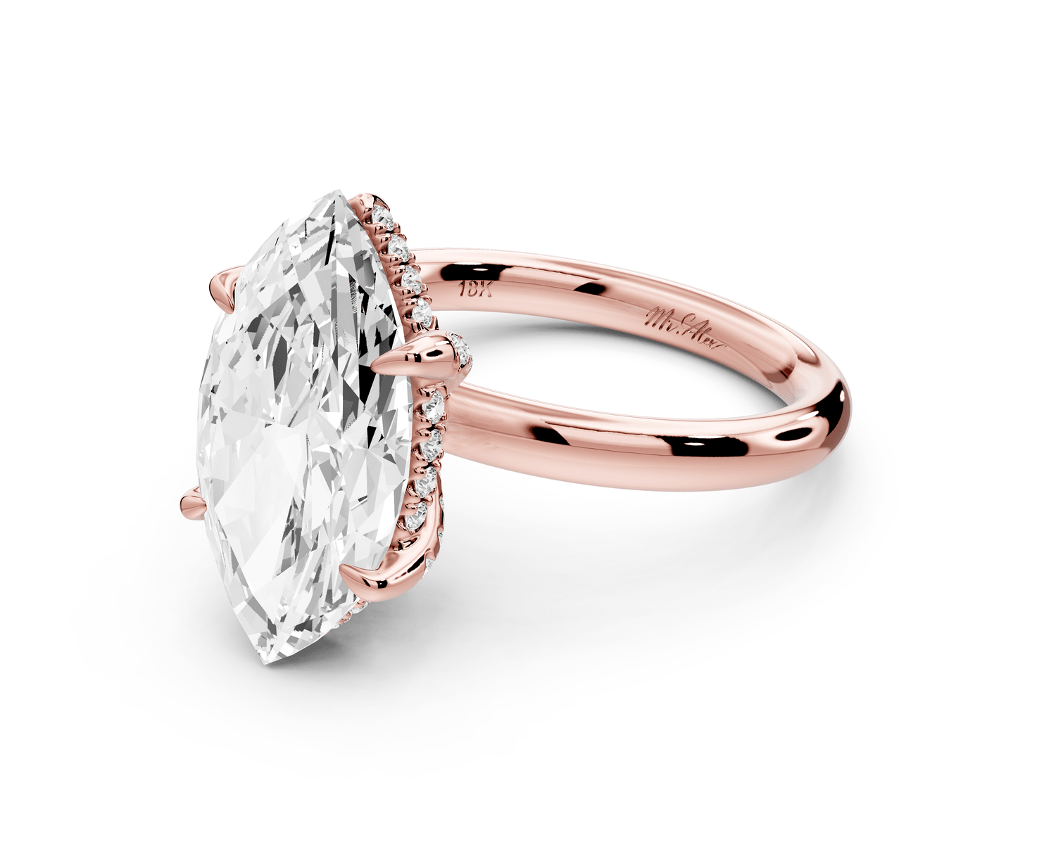 Shira - 4ct 18k rose gold marquise diamond with hidden halo and diamond crown talon prong solitaire engagement ring - Mr. Alex Jewelry