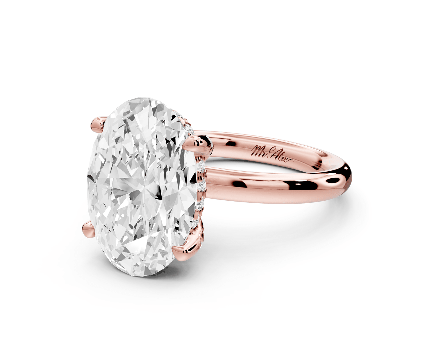 Shira - 4ct 18k rose gold oval diamond with hidden halo and diamond crown talon prong solitaire engagment ring - Mr. Alex Jewelry