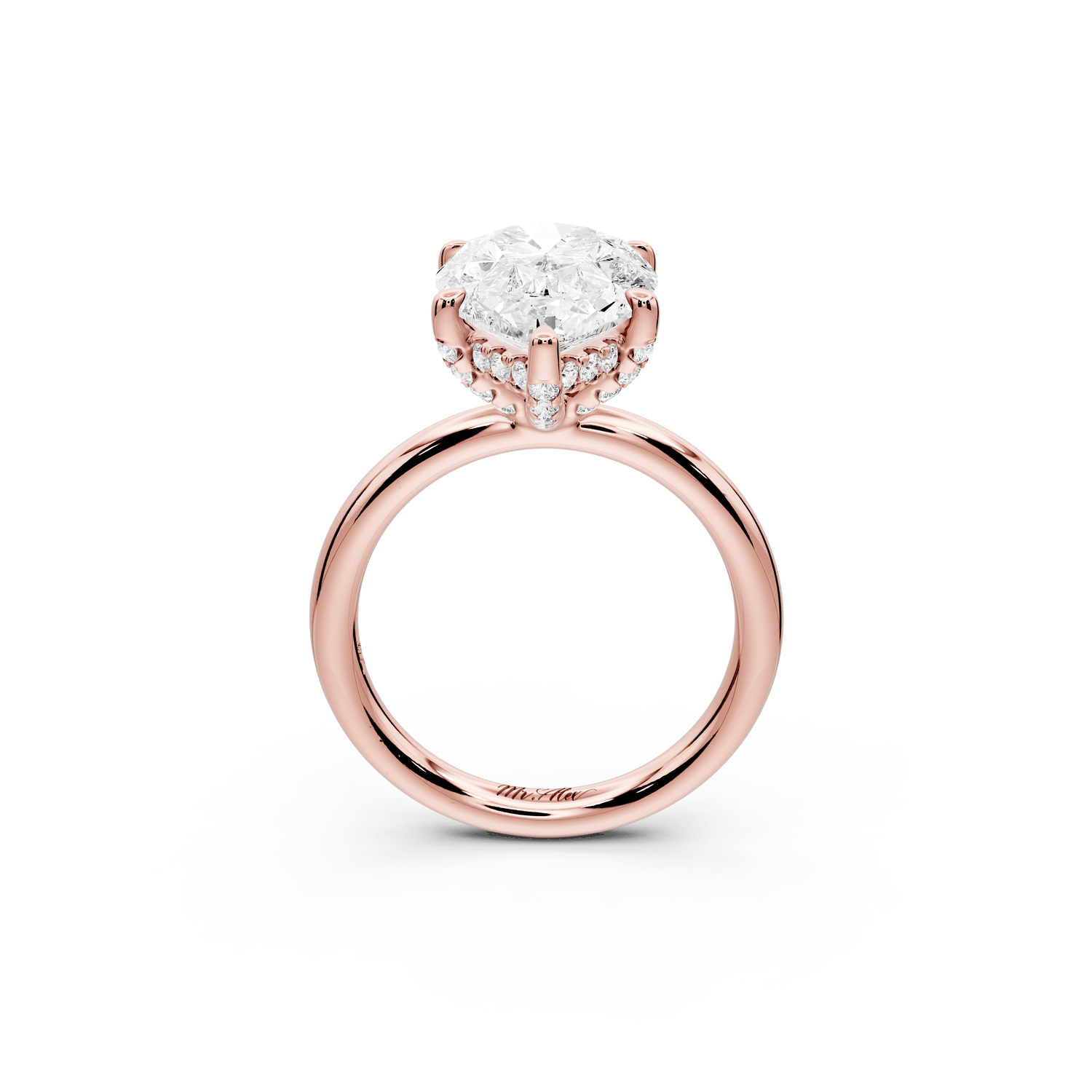 Shira - 4ct 18k rose gold pear diamond with hidden halo and diamond crown talon prong solitaire engagment ring - Mr. Alex Jewelry