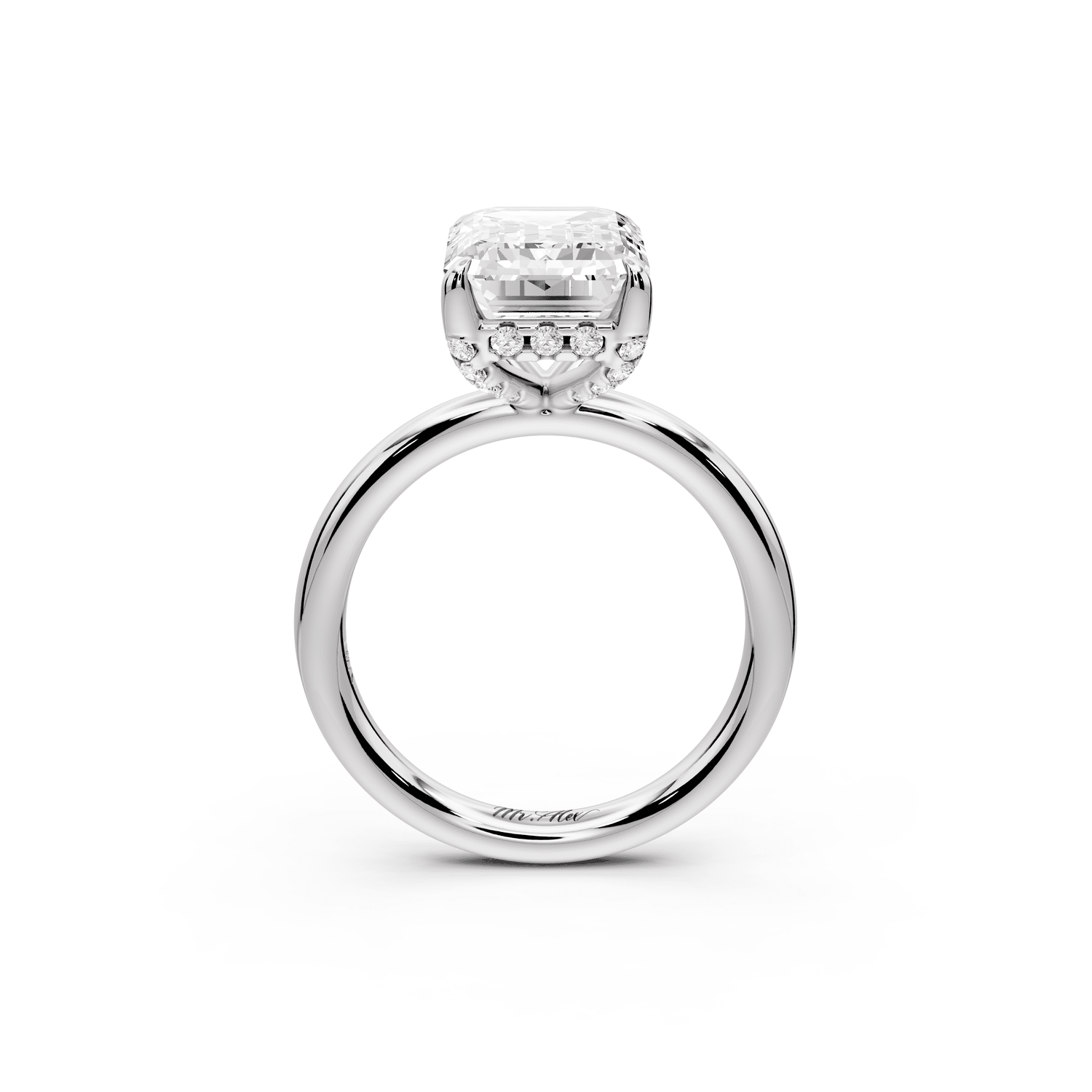 Shira - 4ct 18k white gold emerald diamond with hidden halo and diamond crown talon prong solitaire engagment ring - Mr. Alex Jewelry