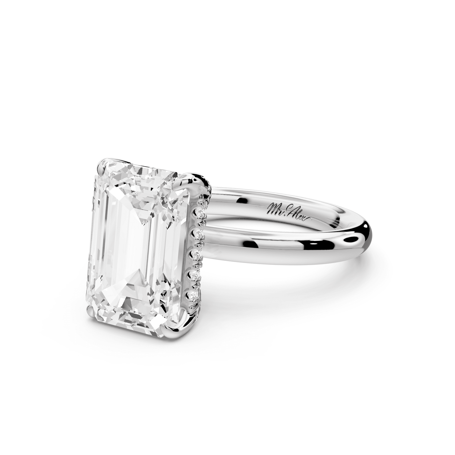Shira - 4ct 18k white gold emerald diamond with hidden halo and diamond crown talon prong solitaire engagment ring - Mr. Alex Jewelry