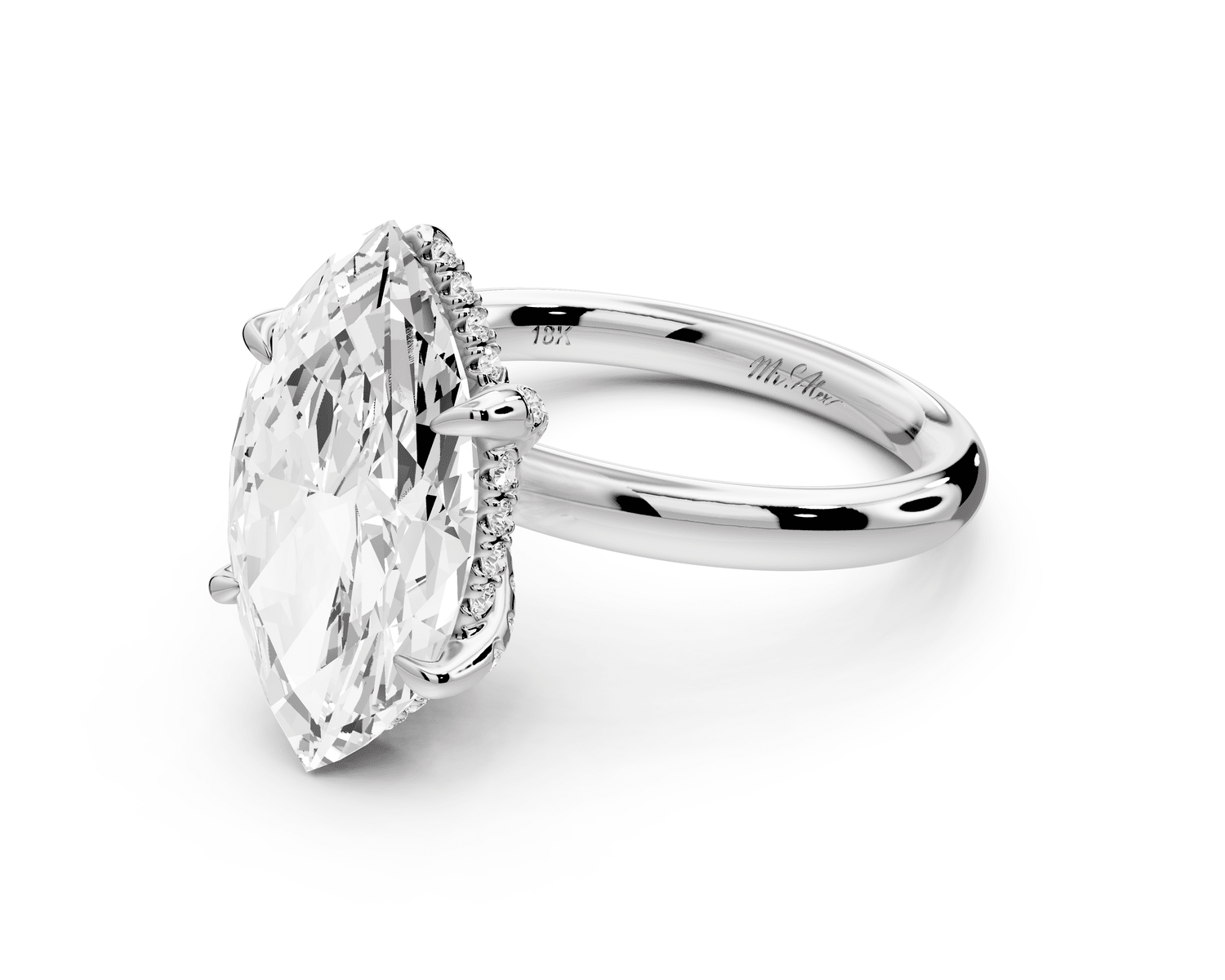 Shira - 4ct 18k white gold marquise diamond with hidden halo and diamond crown talon prong solitaire engagement ring - Mr. Alex Jewelry