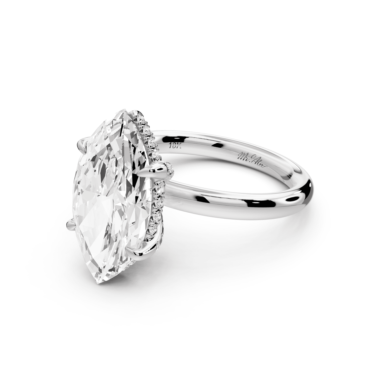 Shira - 4ct 18k white gold marquise diamond with hidden halo and diamond crown talon prong solitaire engagement ring - Mr. Alex Jewelry