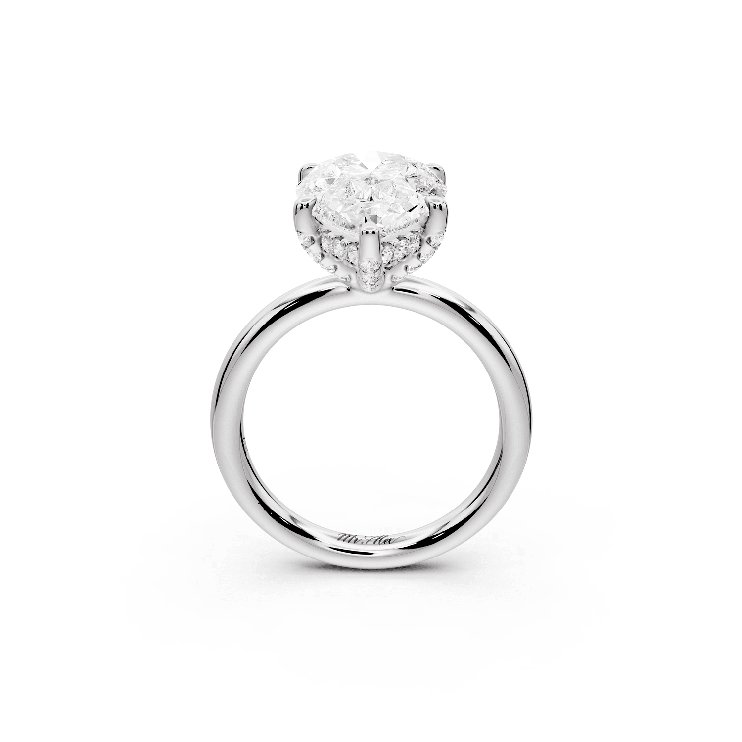 Shira - 4ct 18k white gold pear diamond with hidden halo and diamond crown talon prong solitaire engagment ring - Mr. Alex Jewelry