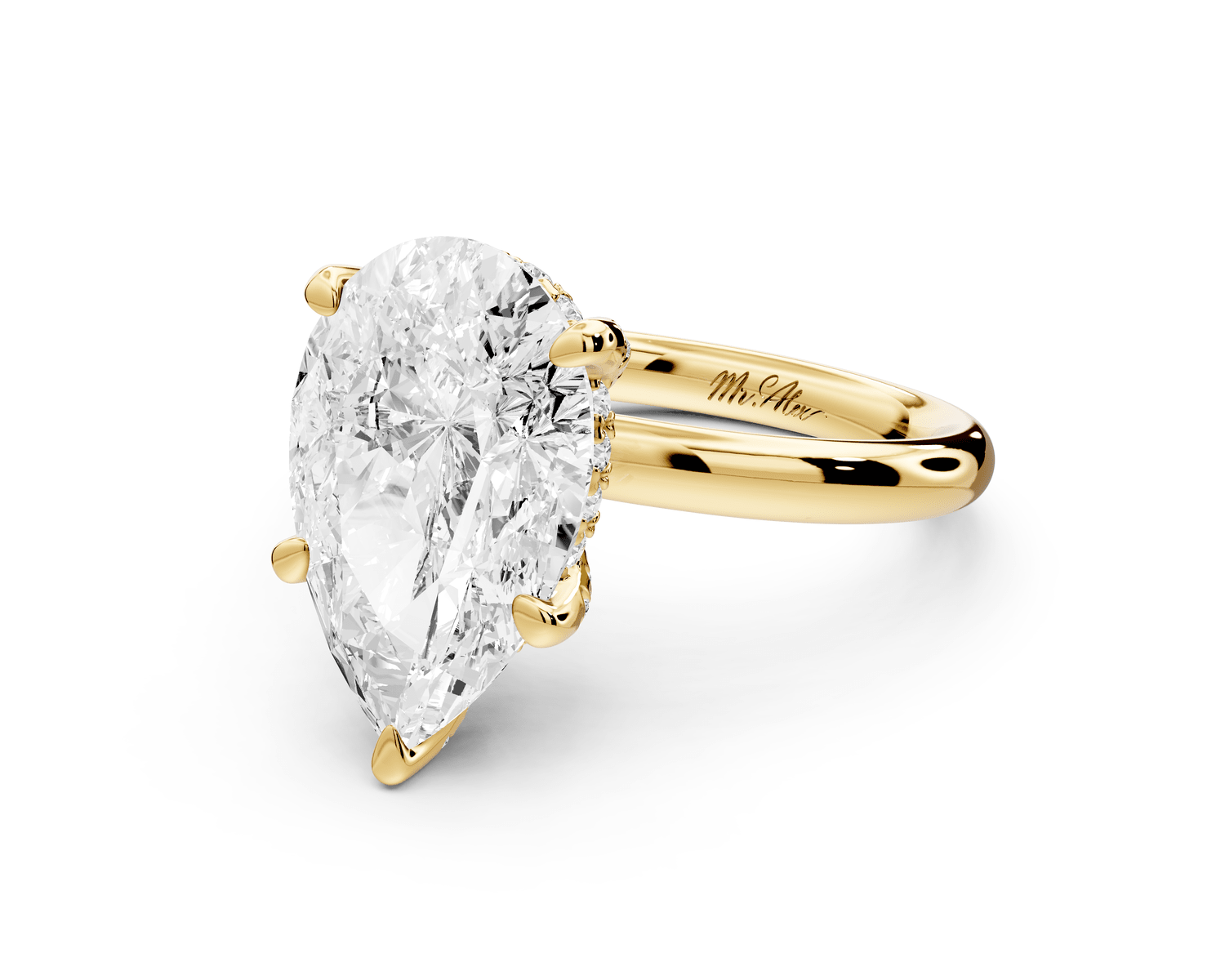 Shira - 4ct 18k yellow gold pear diamond with hidden halo and diamond crown talon prong solitaire engagment ring - Mr. Alex Jewelry