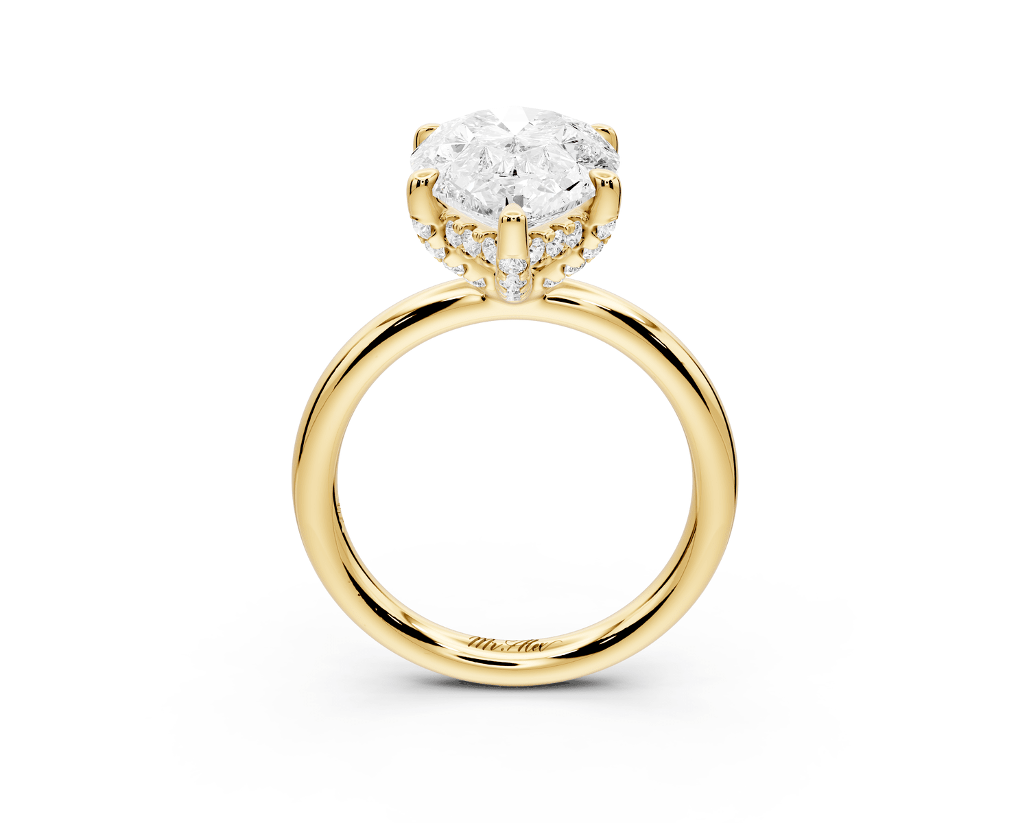 Shira - 4ct 18k yellow gold pear diamond with hidden halo and diamond crown talon prong solitaire engagment ring - Mr. Alex Jewelry