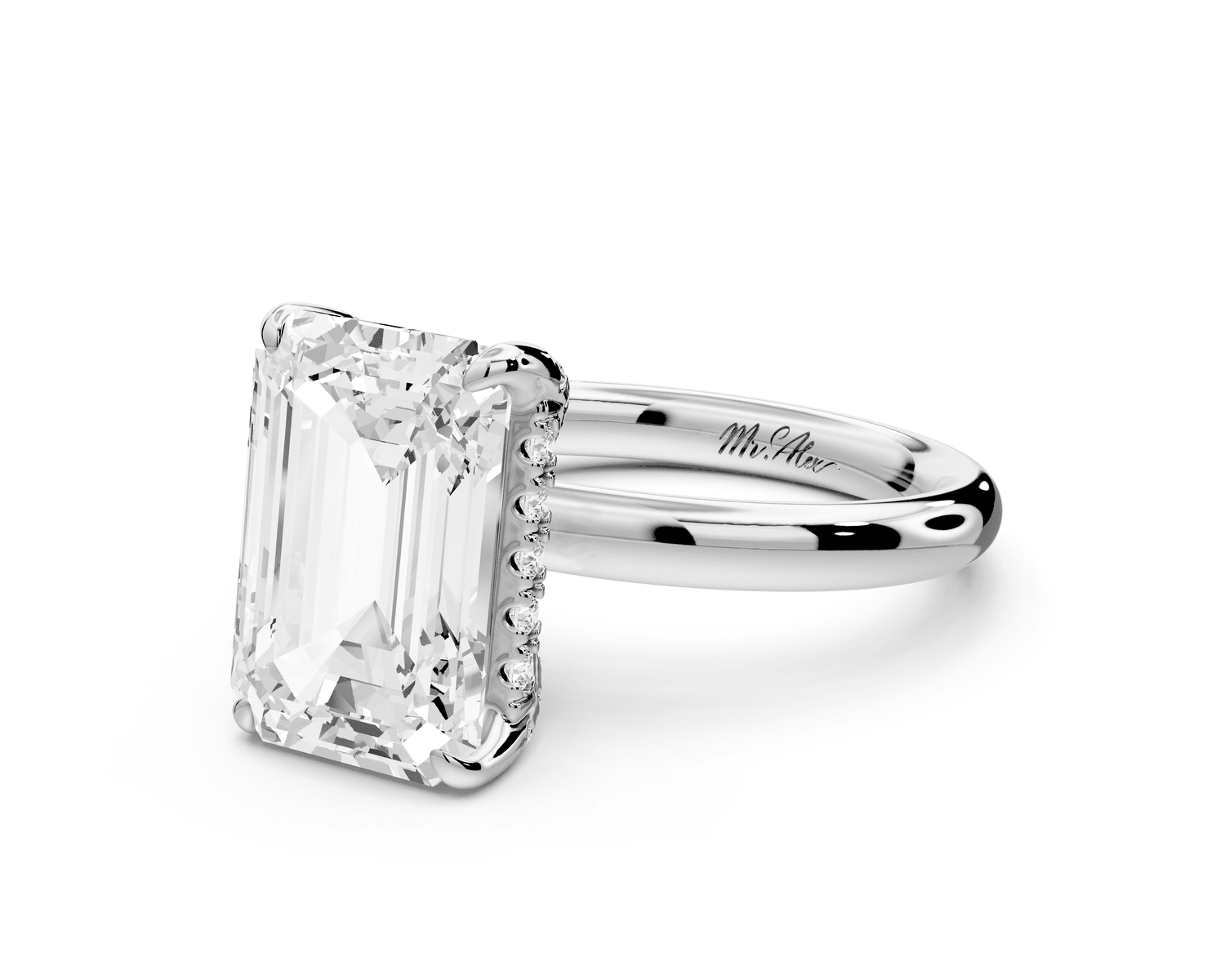 Shira - 4ct platinum emerald diamond with hidden halo and diamond crown talon prong solitaire engagment ring - Mr. Alex Jewelry