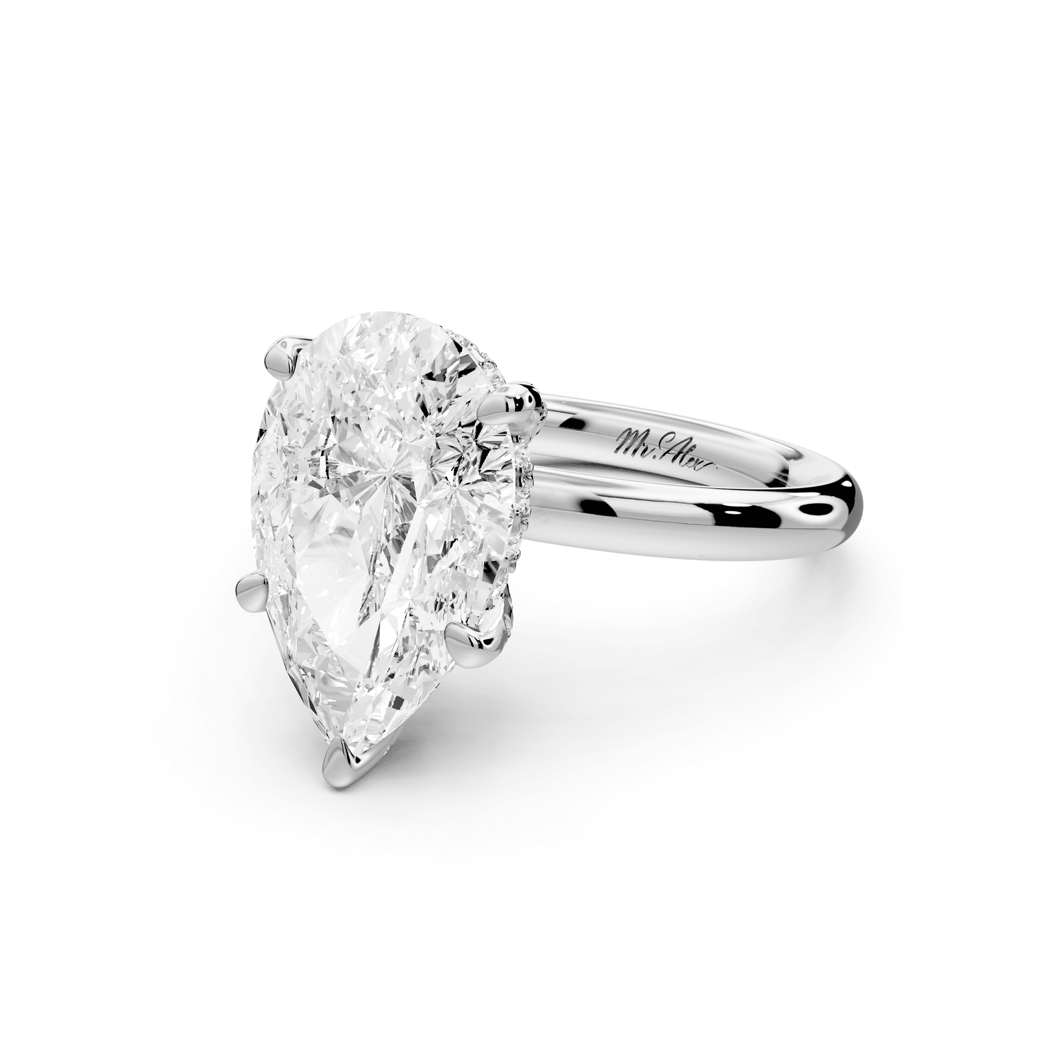 Shira - 4ct platinum pear diamond with hidden halo and diamond crown talon prong solitaire engagment ring - Mr. Alex Jewelry