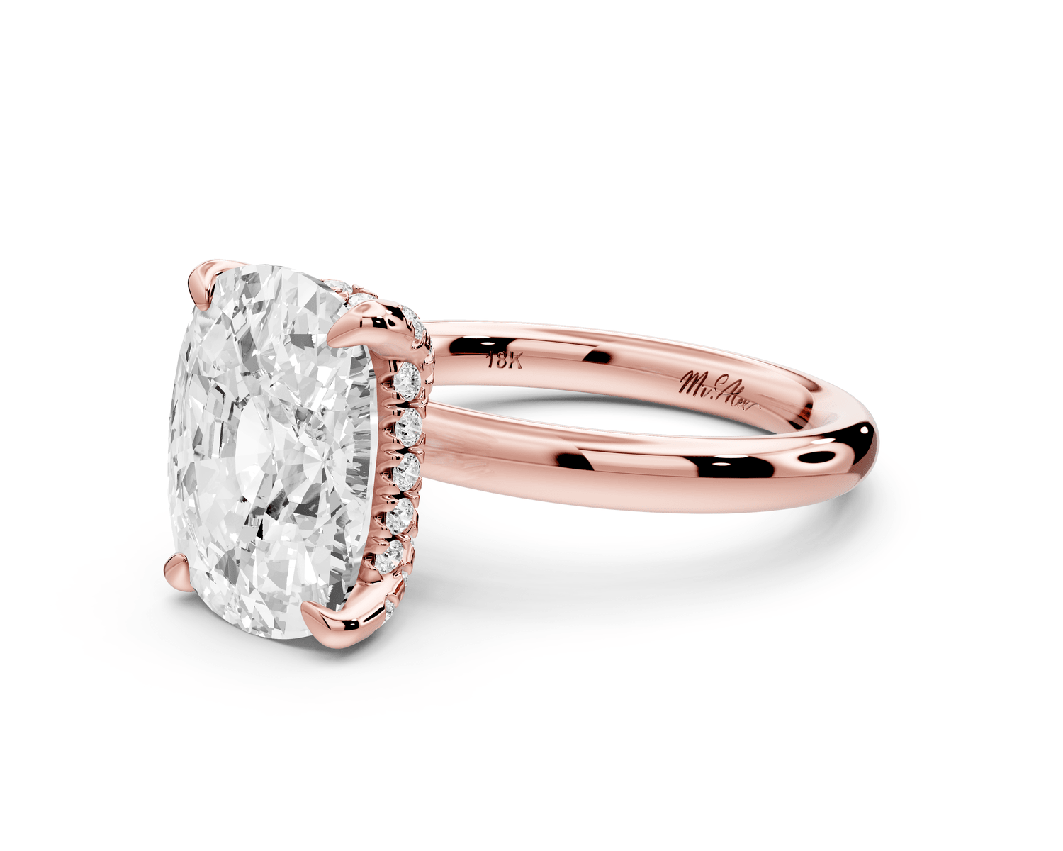 Shira - 5ct 14k rose gold ecushion diamond with hidden halo and diamond crown talon prong solitaire engagement ring - Mr. Alex Jewelry
