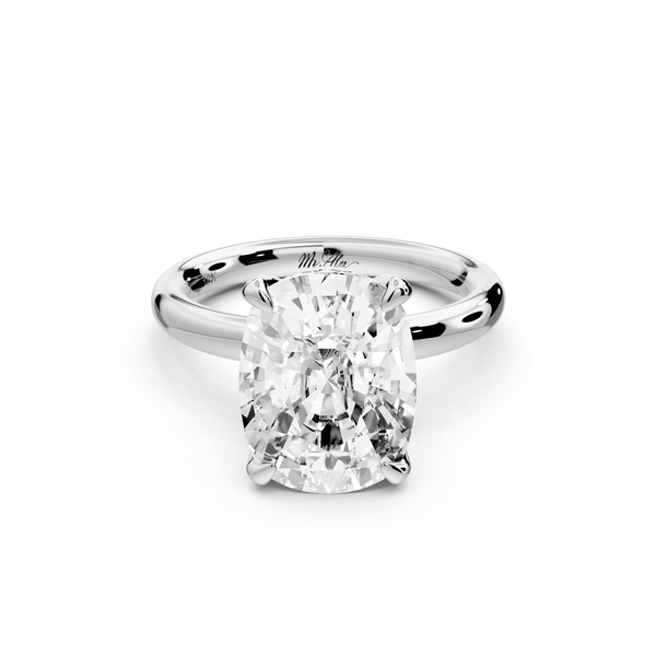 Shira - 5ct 14k white gold ecushion diamond with hidden halo and diamond crown talon prong solitaire engagement ring - Mr. Alex Jewelry