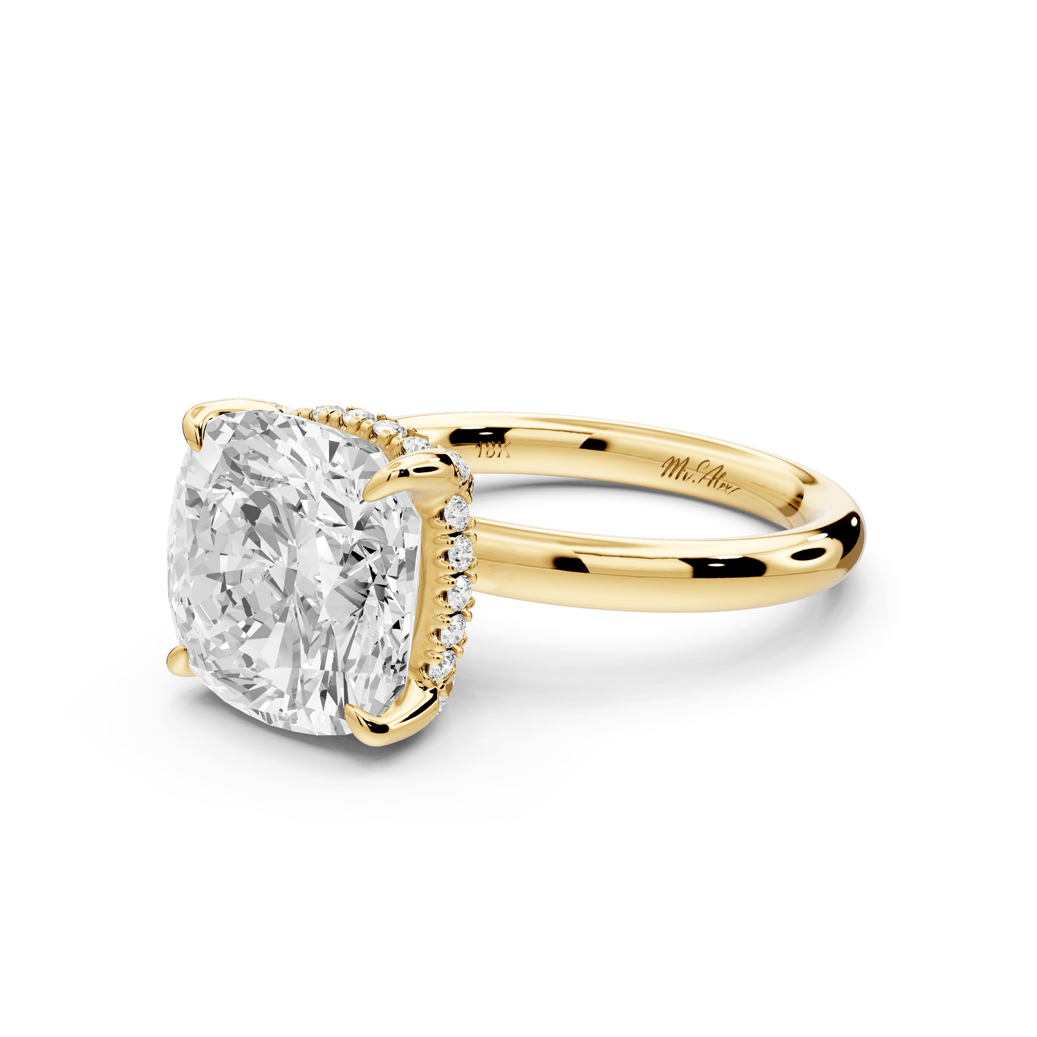 Shira - 5ct 14k yellow gold cushion diamond with hidden halo and diamond crown talon prong solitaire engagement ring - Mr. Alex Jewelry