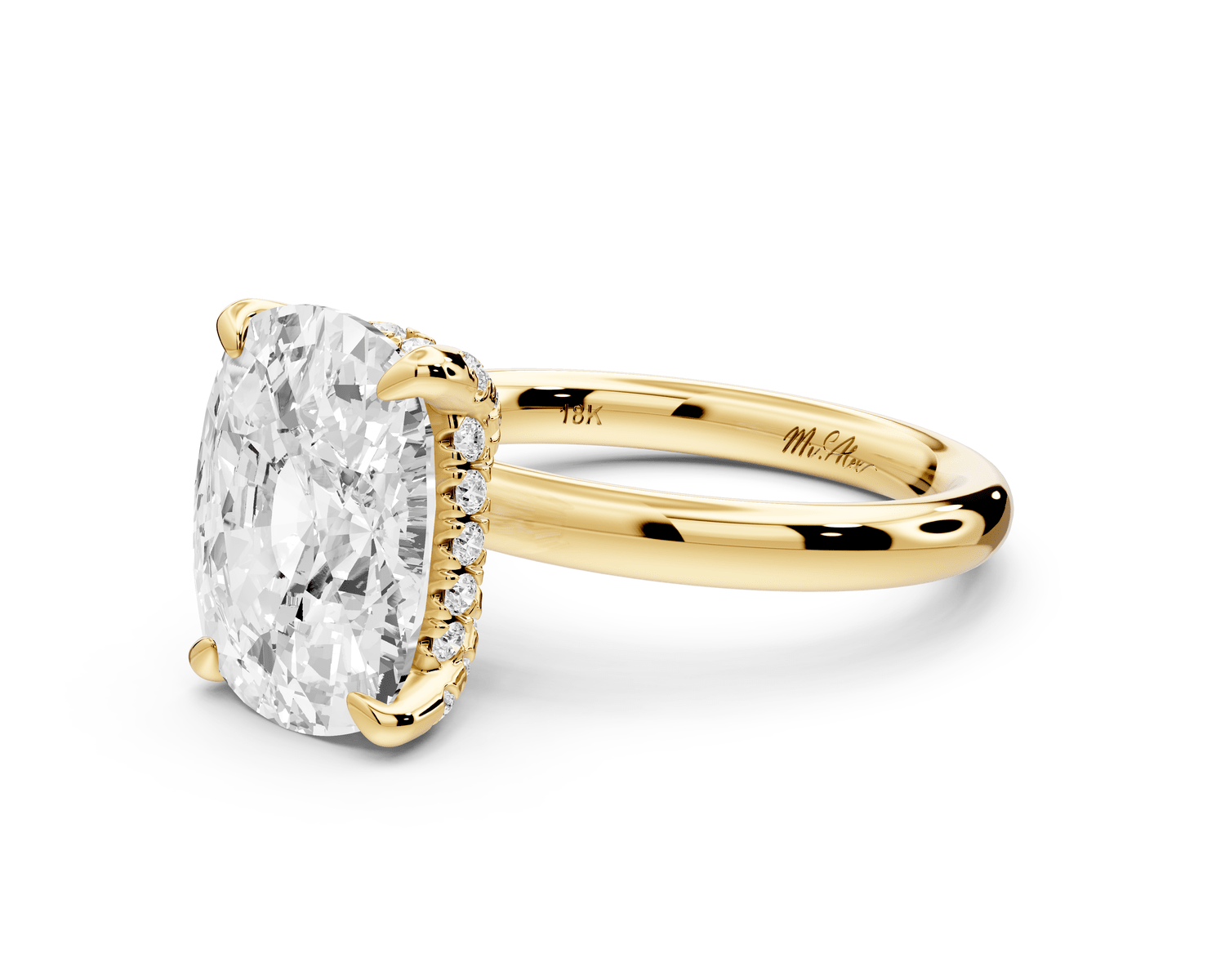 Shira - 5ct 14k yellow gold ecushion diamond with hidden halo and diamond crown talon prong solitaire engagement ring - Mr. Alex Jewelry