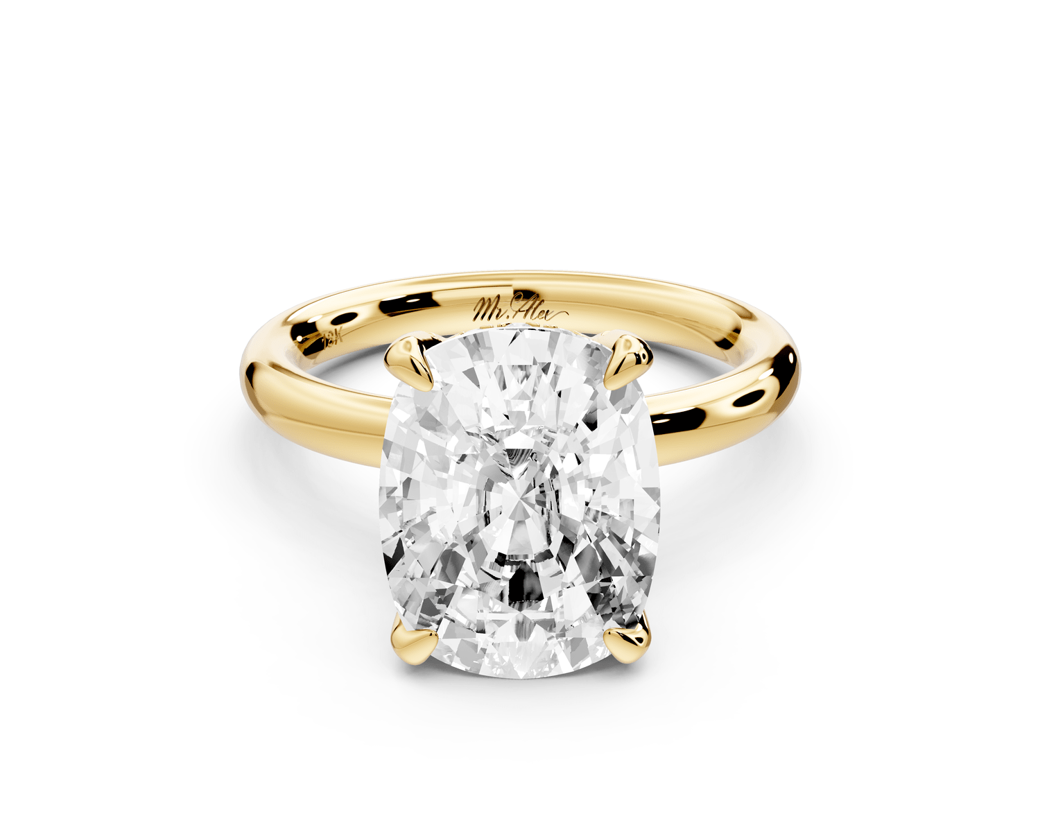 Shira - 5ct 14k yellow gold ecushion diamond with hidden halo and diamond crown talon prong solitaire engagement ring - Mr. Alex Jewelry