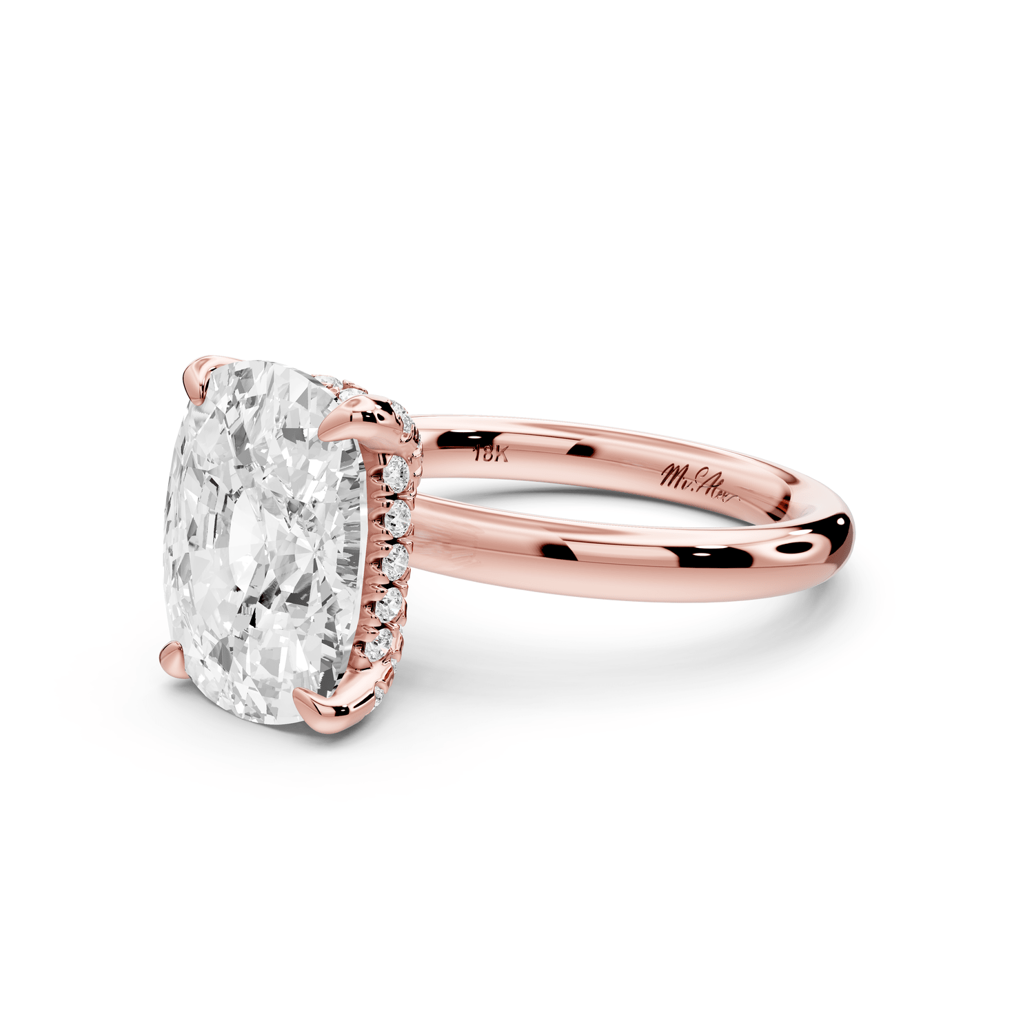 Shira - 5ct 18k rose gold ecushion diamond with hidden halo and diamond crown talon prong solitaire engagement ring - Mr. Alex Jewelry