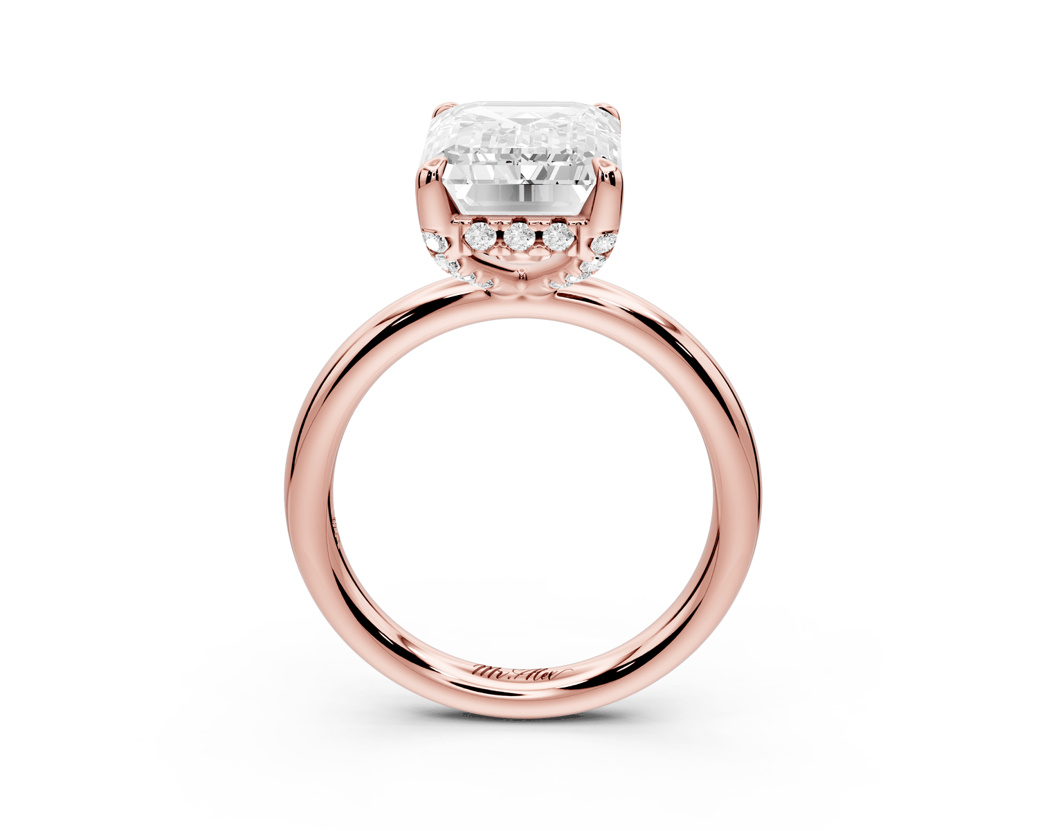 Shira - 5ct 18k rose gold emerald diamond with hidden halo and diamond crown talon prong solitaire engagment ring - Mr. Alex Jewelry