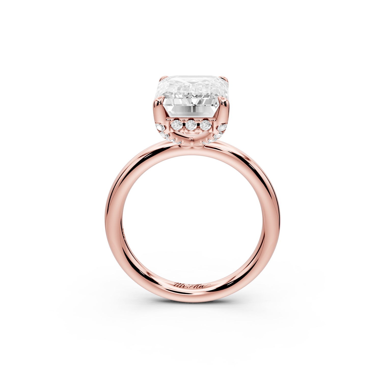 Shira - 5ct 18k rose gold emerald diamond with hidden halo and diamond crown talon prong solitaire engagment ring - Mr. Alex Jewelry