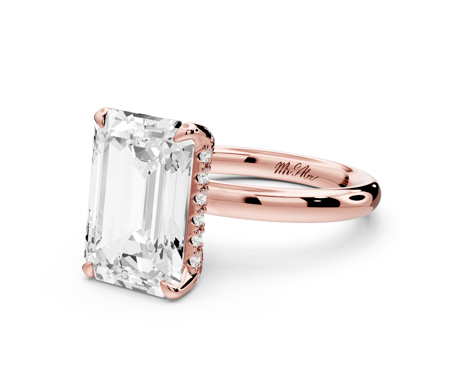 Shira - 5ct 18k rose gold emerald diamond with hidden halo and diamond crown talon prong solitaire engagment ring - Mr. Alex Jewelry