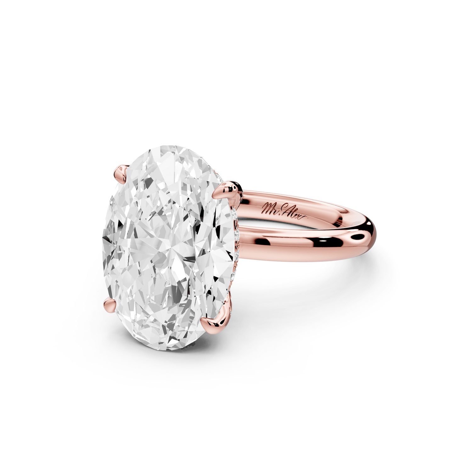 Shira - 5ct 18k rose gold oval diamond with hidden halo and diamond crown talon prong solitaire engagment ring - Mr. Alex Jewelry