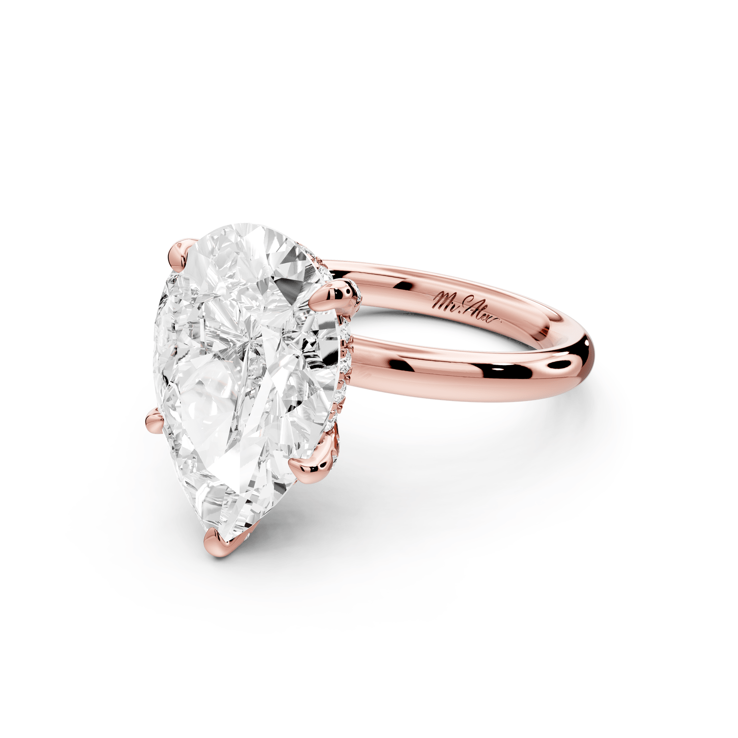 Shira - 5ct 18k rose gold pear diamond with hidden halo and diamond crown talon prong solitaire engagment ring - Mr. Alex Jewelry