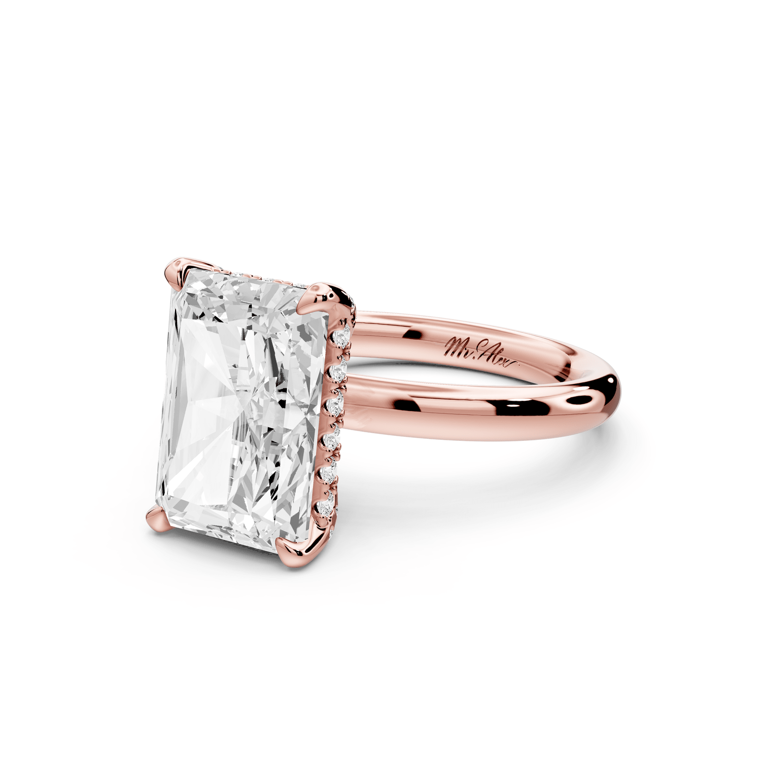 Shira - 5ct 18k rose gold radiant diamond with hidden halo and diamond crown talon prong solitaire engagement ring - Mr. Alex Jewelry