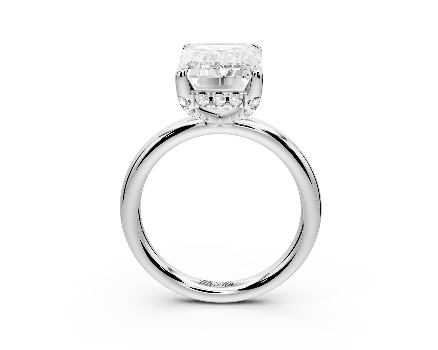 Shira - 5ct 18k white gold emerald diamond with hidden halo and diamond crown talon prong solitaire engagment ring - Mr. Alex Jewelry