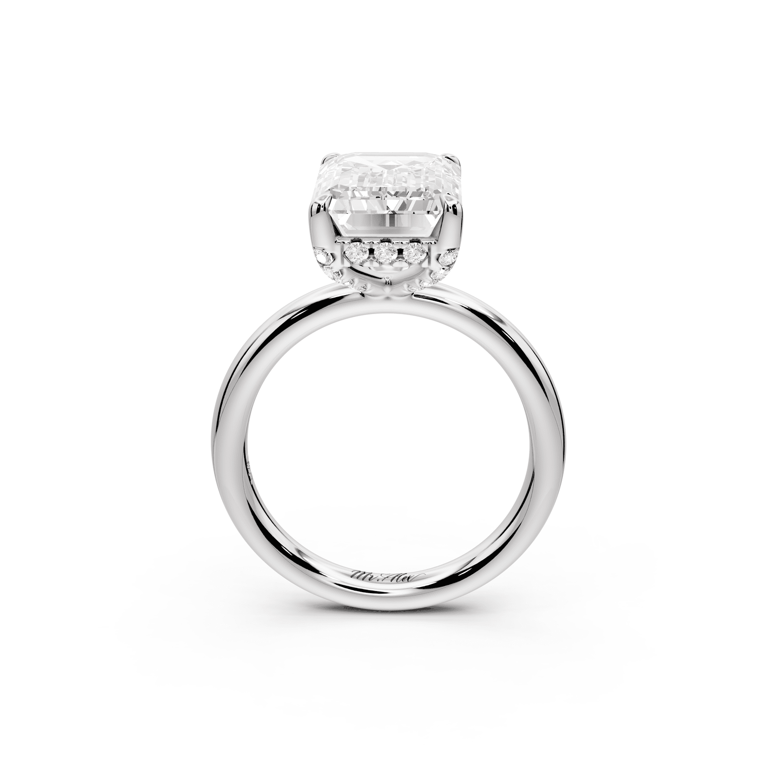 Shira - 5ct 18k white gold emerald diamond with hidden halo and diamond crown talon prong solitaire engagment ring - Mr. Alex Jewelry