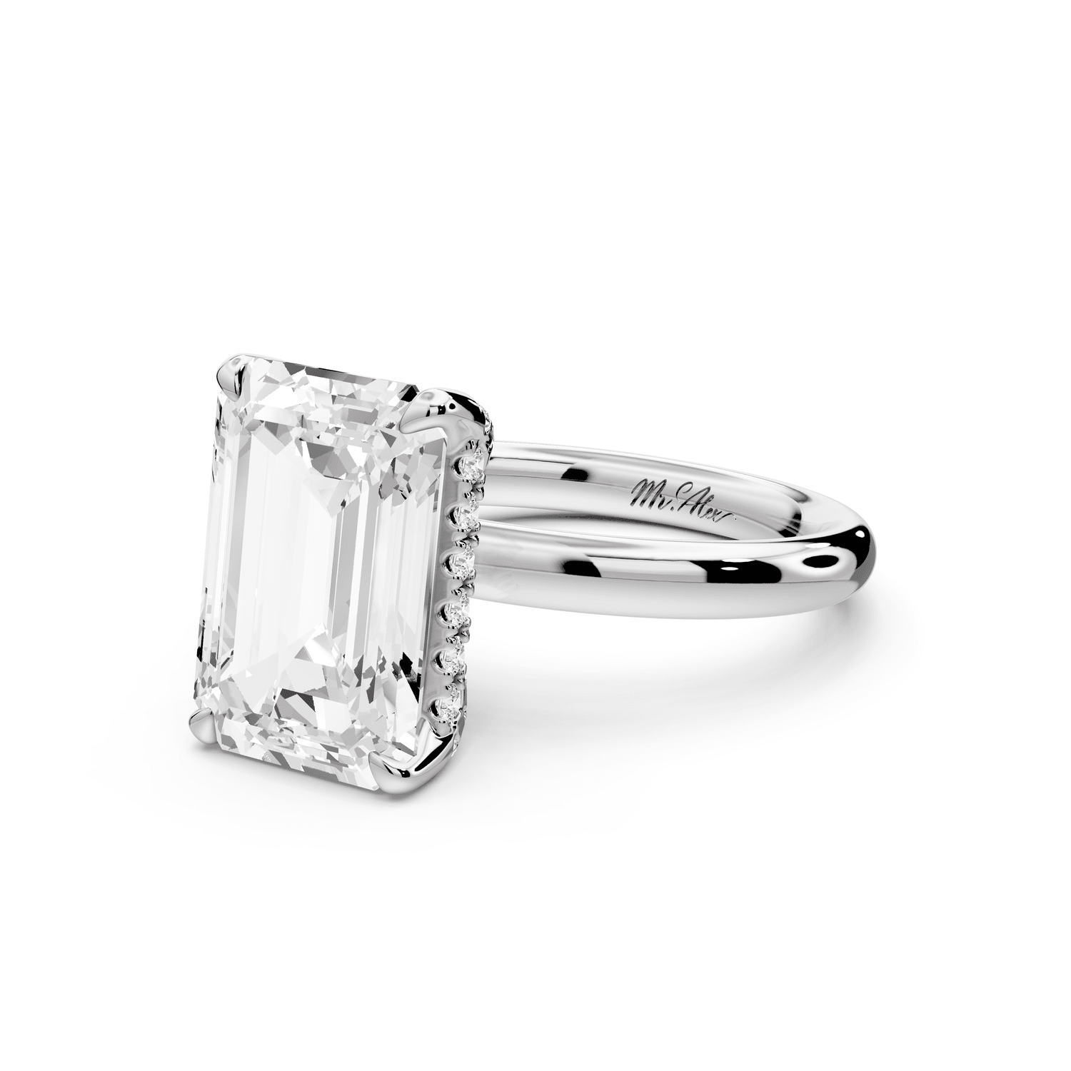Shira - 5ct 18k white gold emerald diamond with hidden halo and diamond crown talon prong solitaire engagment ring - Mr. Alex Jewelry