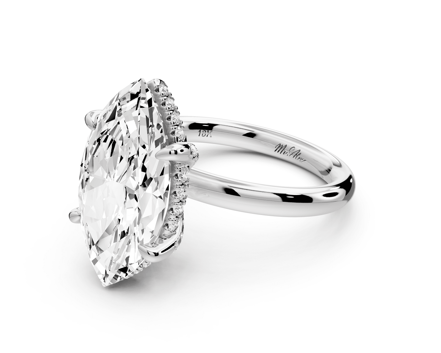 Shira - 5ct 18k white gold marquise diamond with hidden halo and diamond crown talon prong solitaire engagement ring - Mr. Alex Jewelry