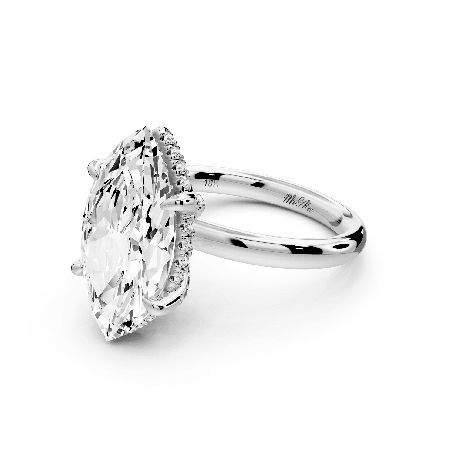 Shira - 5ct 18k white gold marquise diamond with hidden halo and diamond crown talon prong solitaire engagement ring - Mr. Alex Jewelry
