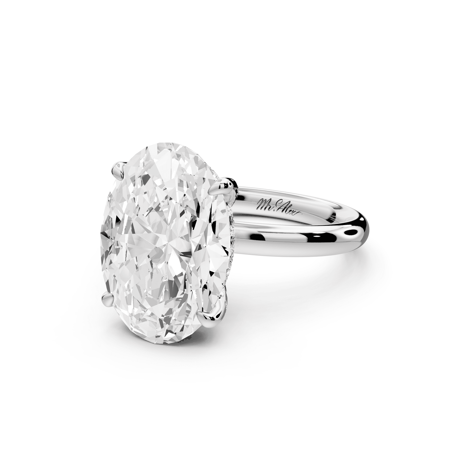 Shira - 5ct 18k white gold oval diamond with hidden halo and diamond crown talon prong solitaire engagment ring - Mr. Alex Jewelry