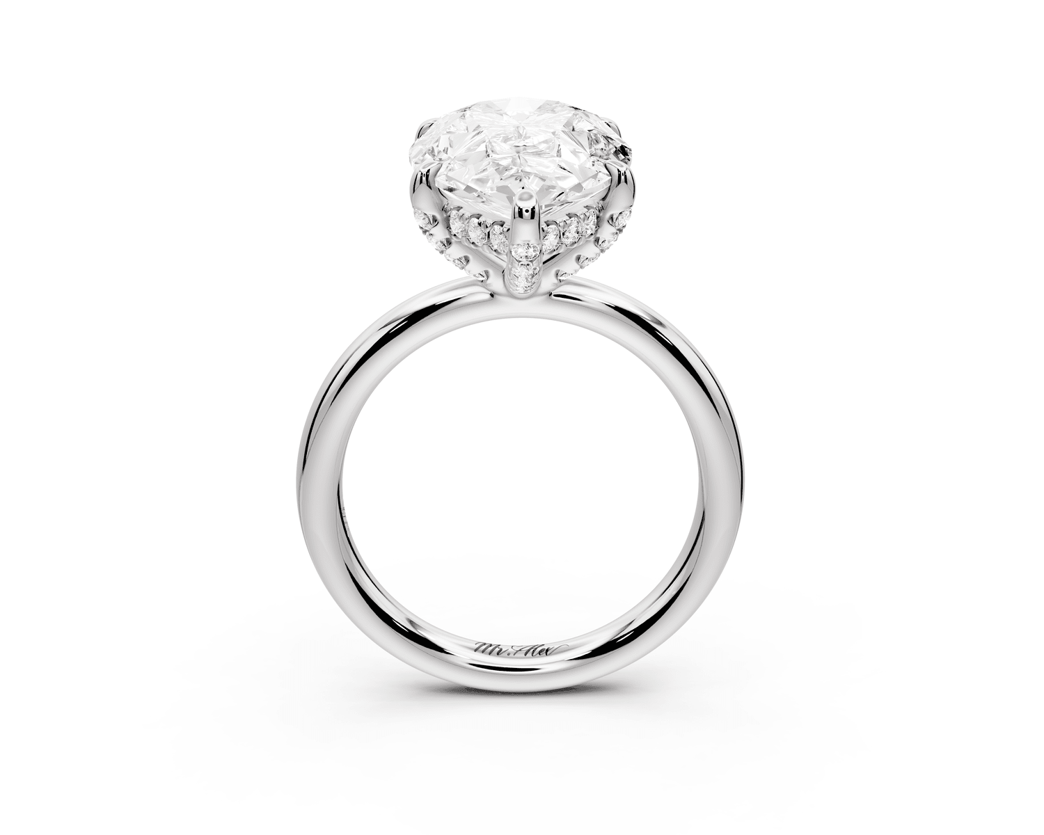 Shira - 5ct 18k white gold pear diamond with hidden halo and diamond crown talon prong solitaire engagment ring - Mr. Alex Jewelry