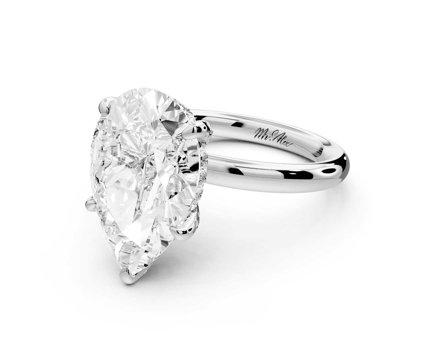 Shira - 5ct 18k white gold pear diamond with hidden halo and diamond crown talon prong solitaire engagment ring - Mr. Alex Jewelry