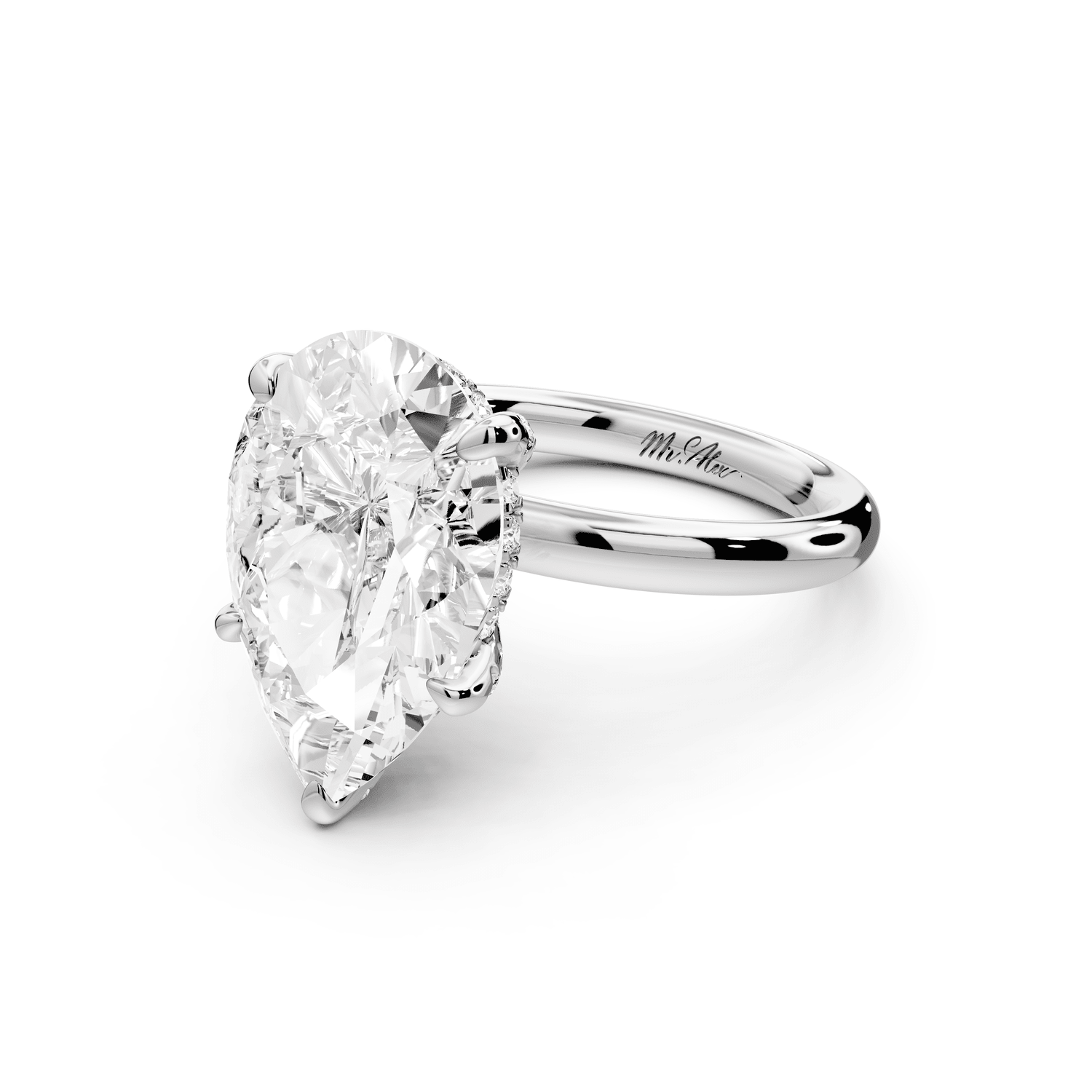 Shira - 5ct 18k white gold pear diamond with hidden halo and diamond crown talon prong solitaire engagment ring - Mr. Alex Jewelry