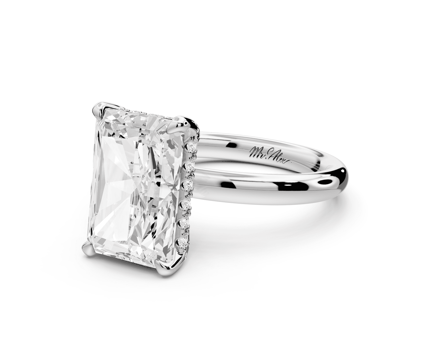 Shira - 5ct 18k white gold radiant diamond with hidden halo and diamond crown talon prong solitaire engagement ring - Mr. Alex Jewelry