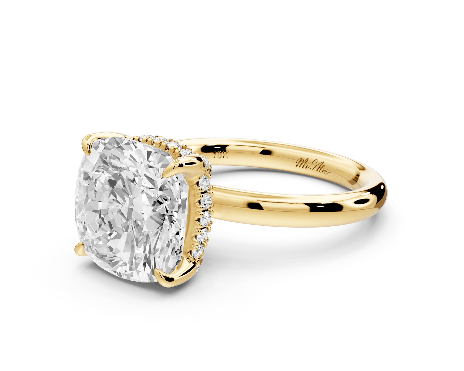 Shira - 5ct 18k yellow gold cushion diamond with hidden halo and diamond crown talon prong solitaire engagement ring - Mr. Alex Jewelry