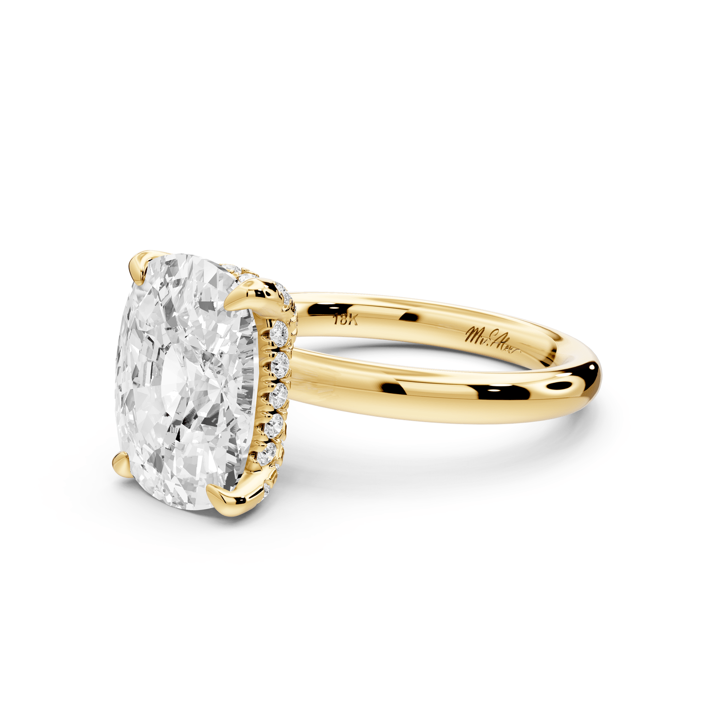 Shira - 5ct 18k yellow gold ecushion diamond with hidden halo and diamond crown talon prong solitaire engagement ring - Mr. Alex Jewelry